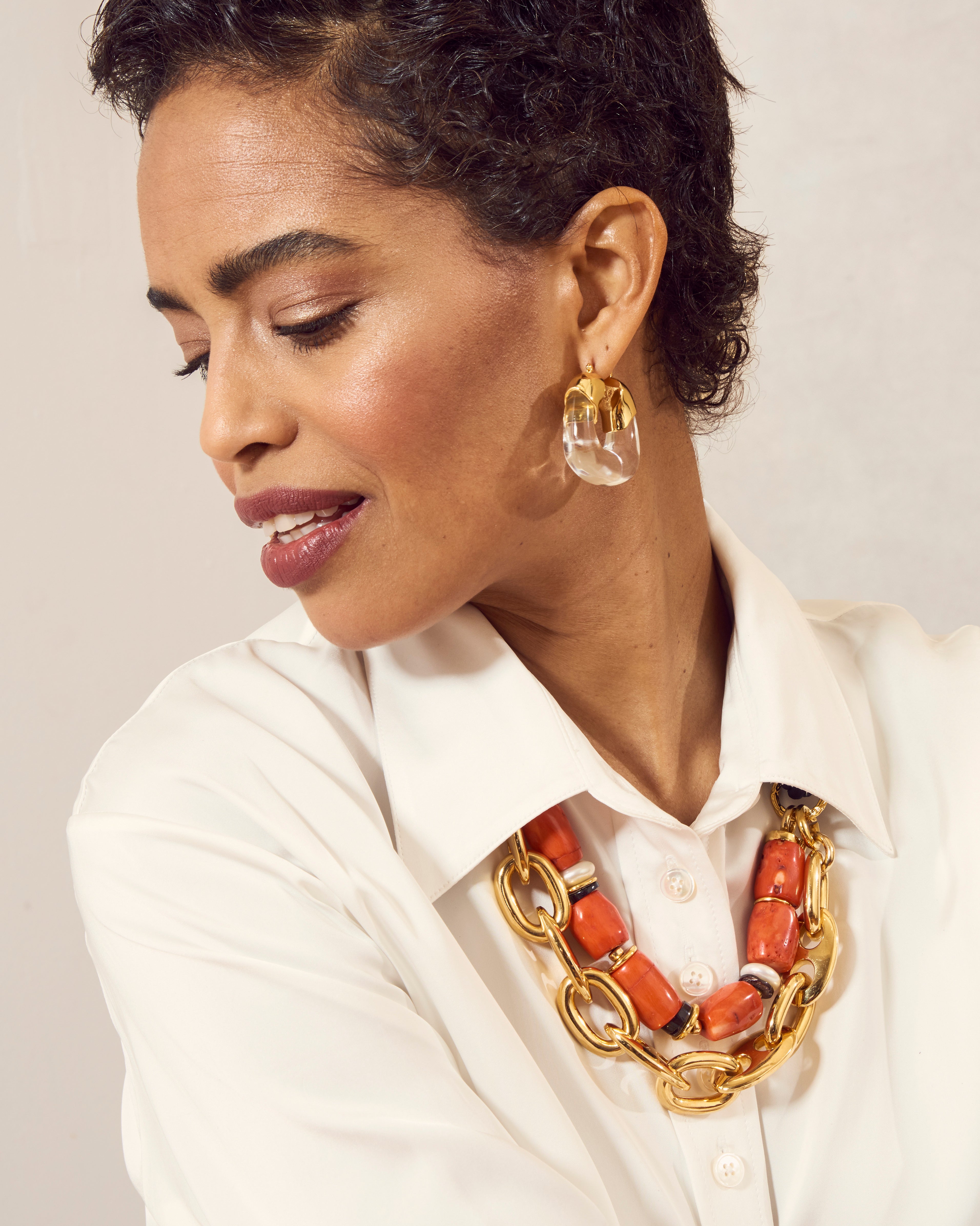 Lizzie Fortunato Organic Hoops in Clear | On Model Close Up