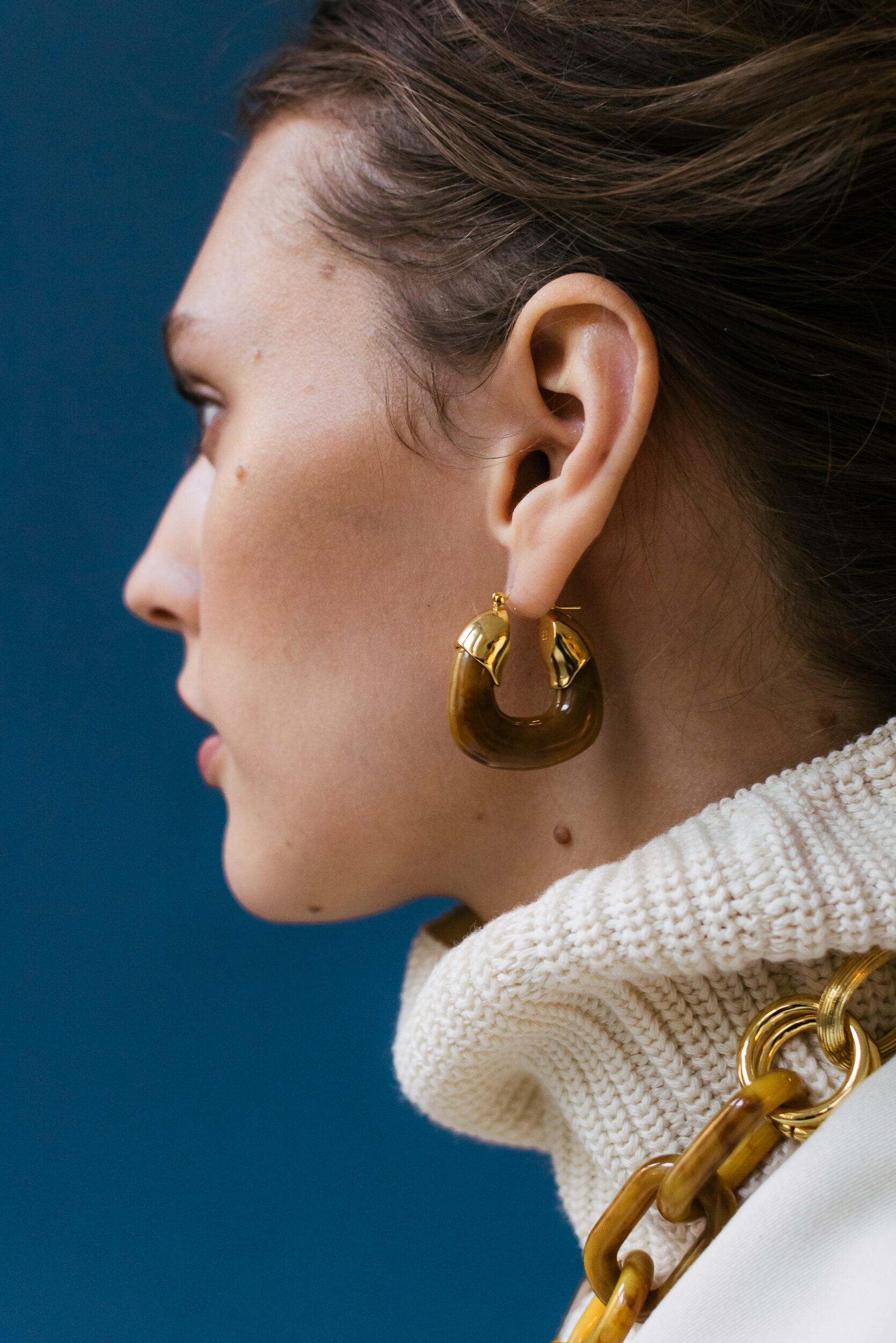 Lizzie Fortunato Organic Hoops in Mocha | On Model Close Up