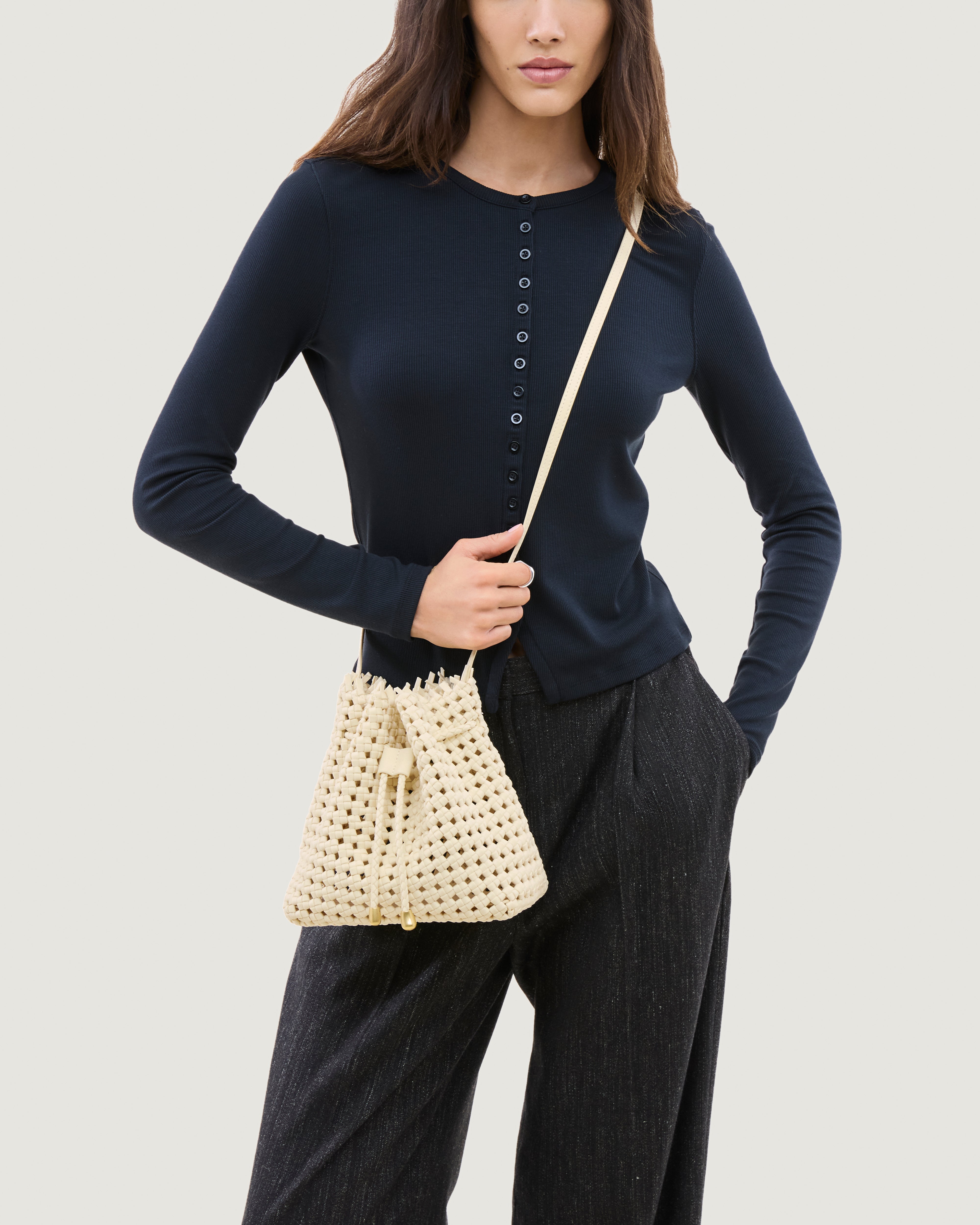 Mallorca Bucket in Salt shown on model to illustrate scale and soft silhouette.