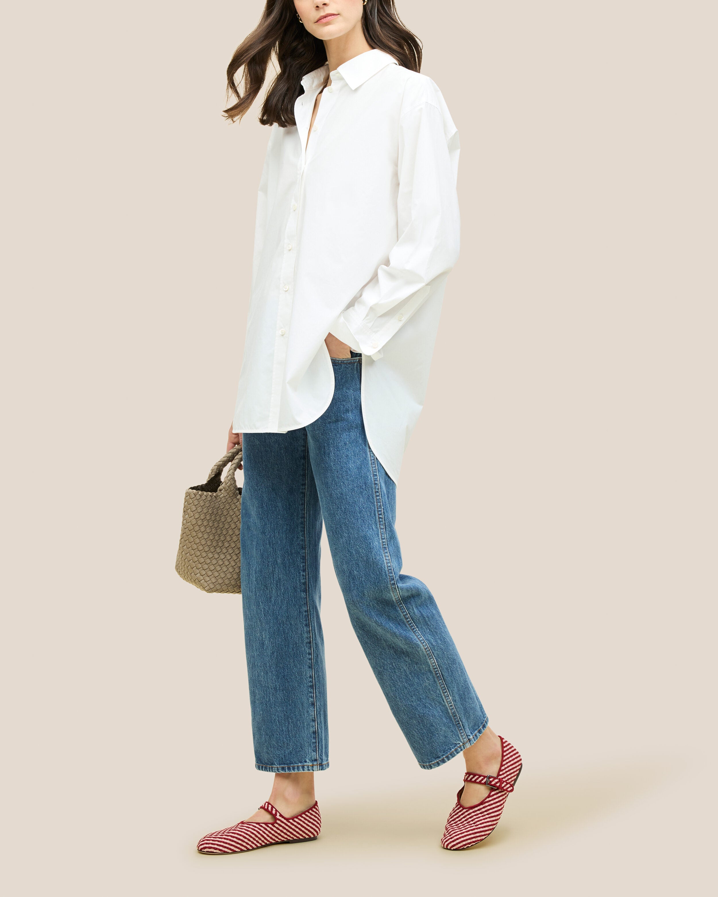 The Marais Mary Jane in Lychee shown on model.