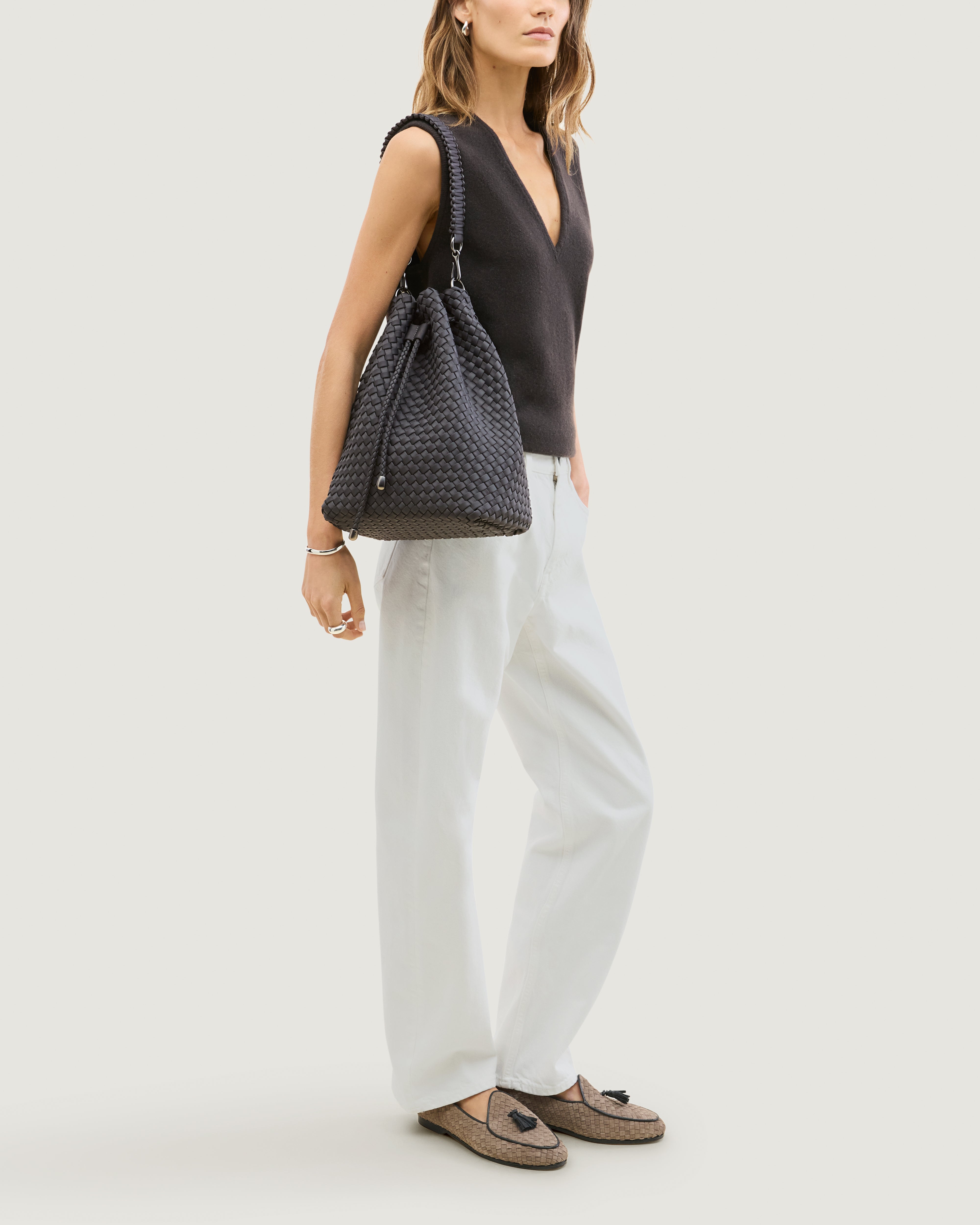 Mercer Bucket in Ash shown on model to illustrate scale and soft silhouette.