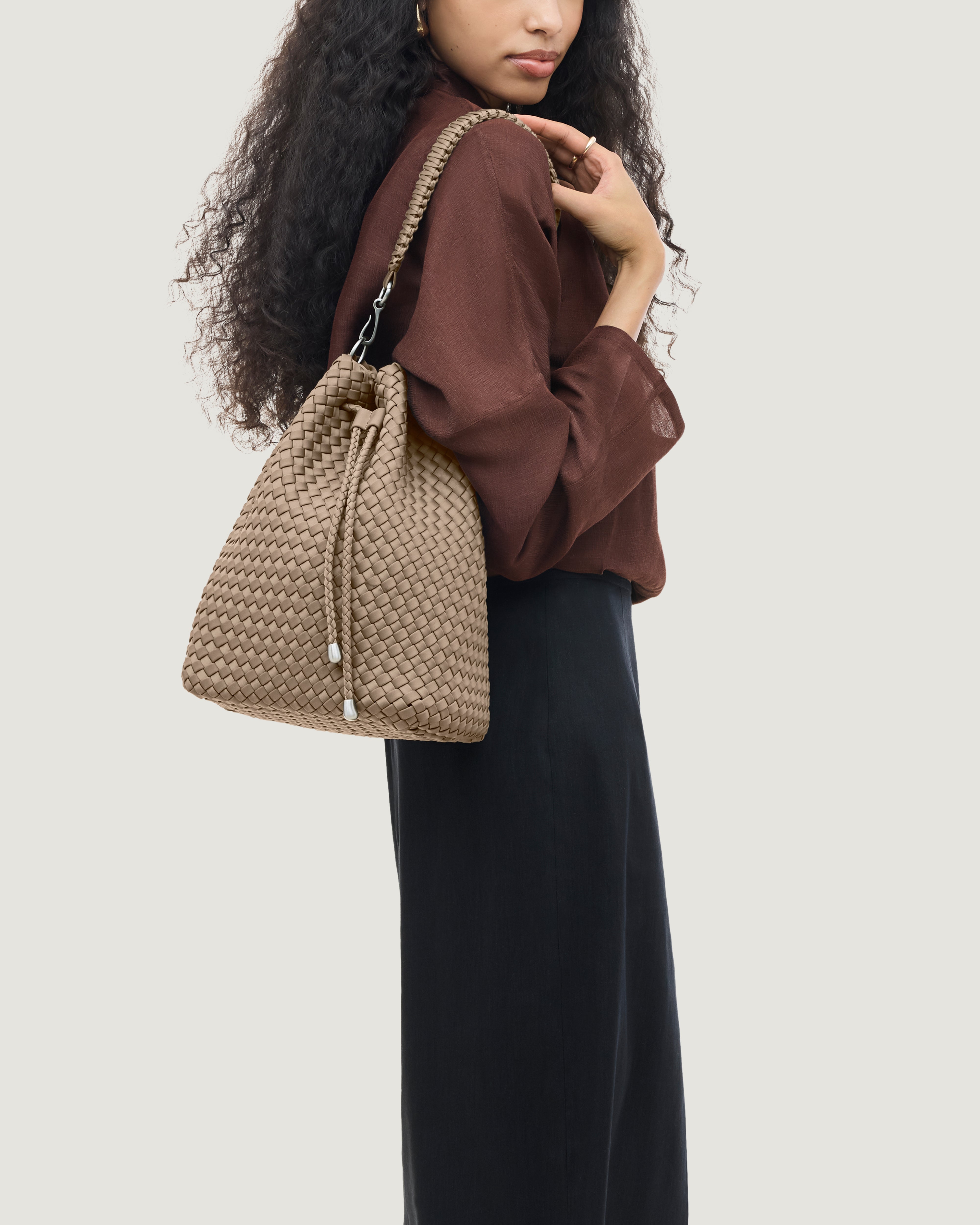 Mercer Bucket in Cashmere shown on model to illustrate scale and soft silhouette.