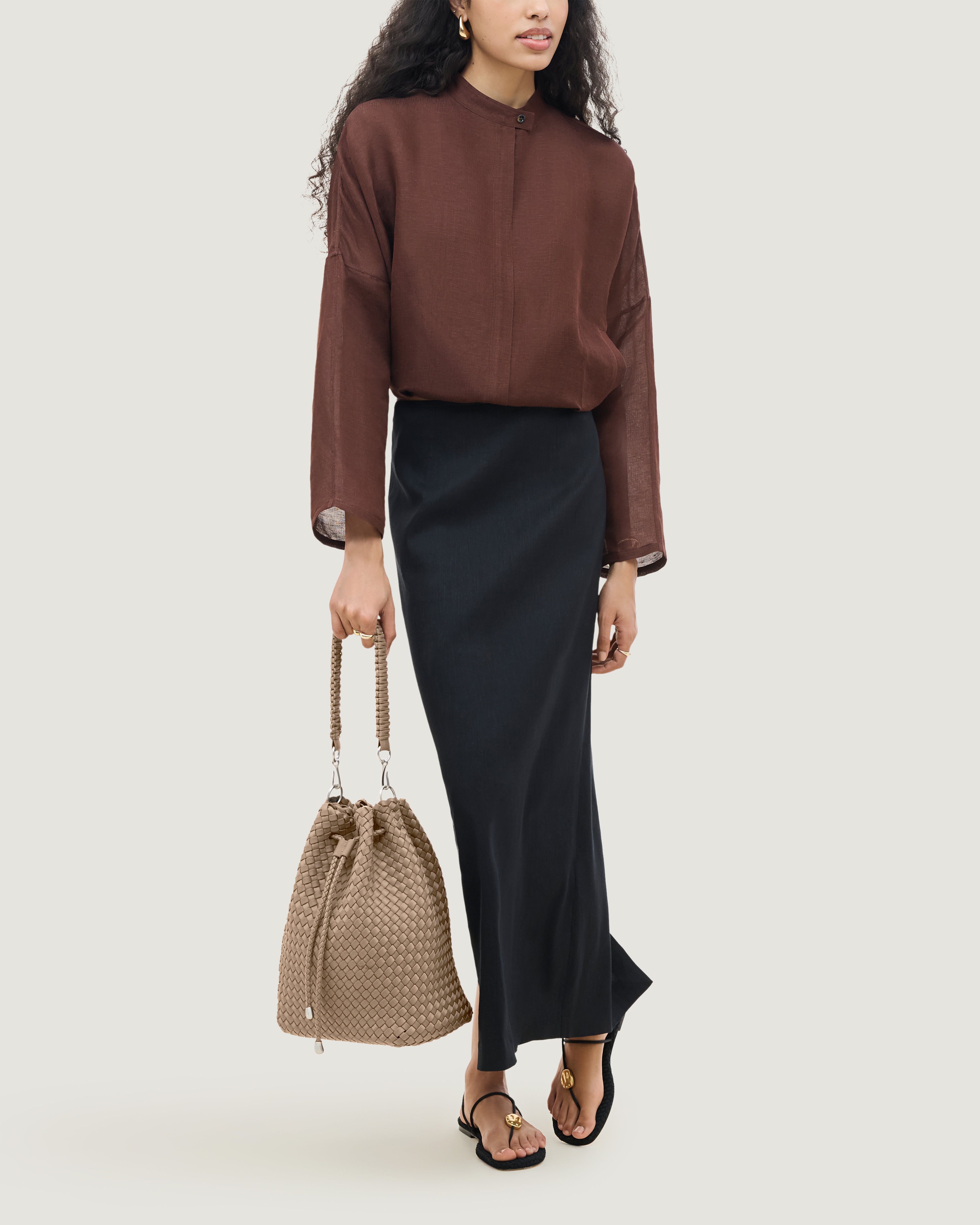 Mercer Bucket in Cashmere shown on model to illustrate scale and soft silhouette.