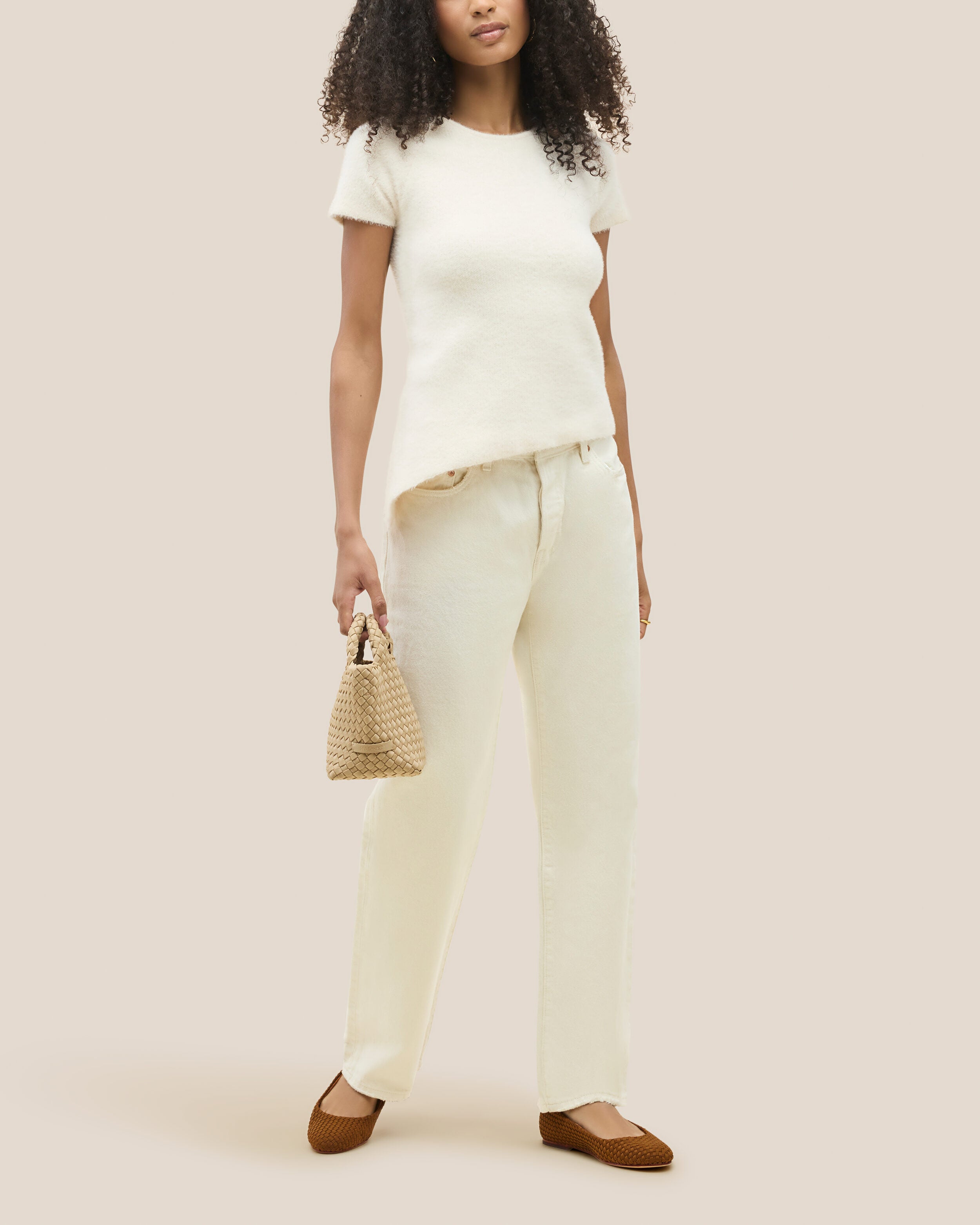 The Nomad Ballet Flat in Teak shown on model.