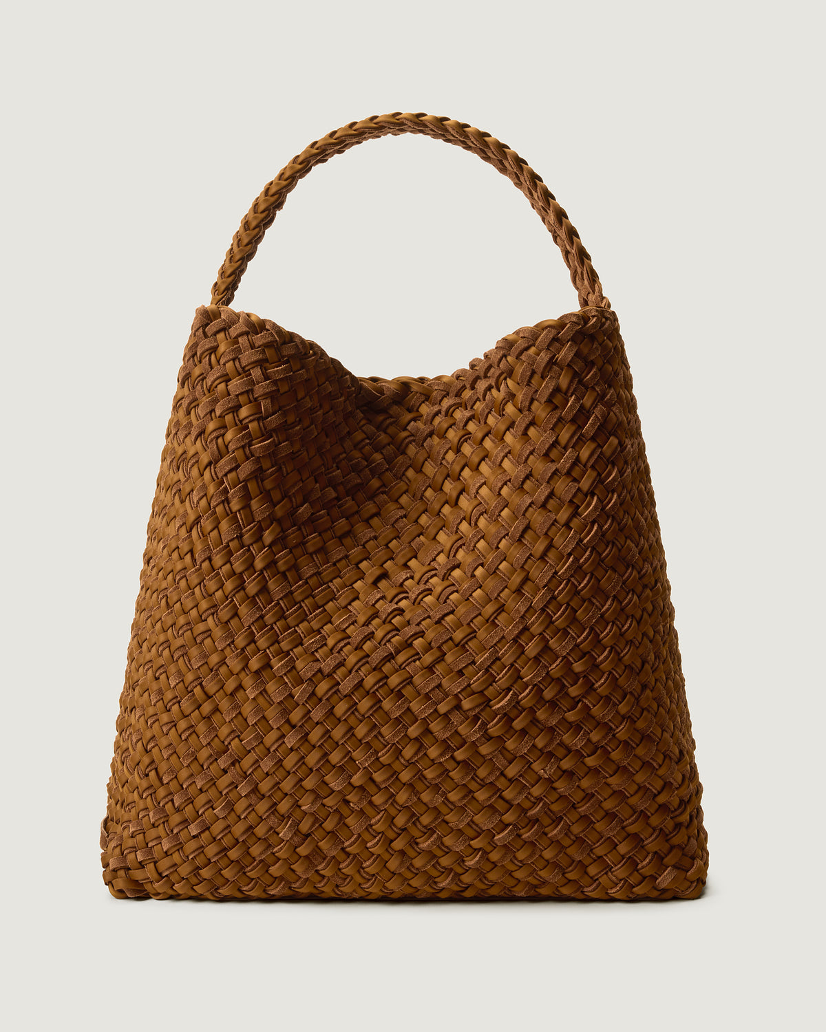 Nomad Large Hobo in Teak, a saddle brown tone, in handwoven neoprene and suede, featuring an open top with magnetic snap closure, and handwoven shoulder strap that lays comfortably flat.