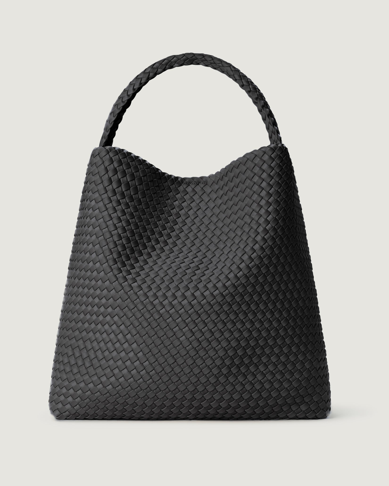 Nomad Large Hobo Bag in Ash, a slate gray  tone, in handwoven neoprene featuring an open top with magnetic snap closure, and handwoven shoulder strap lays comfortably flat.
