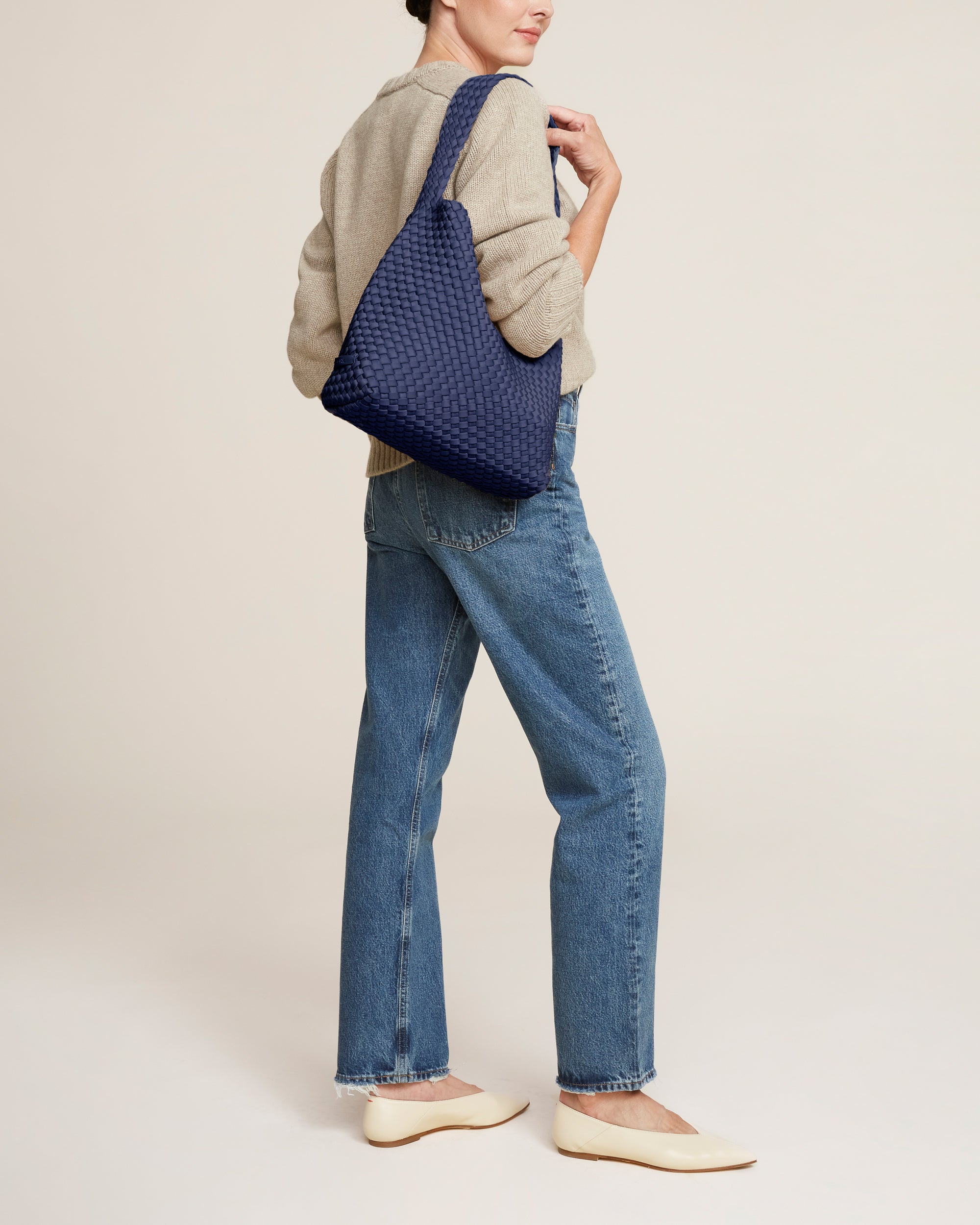 Nomad Medium Hobo in Ink Blue | On Model Close Up