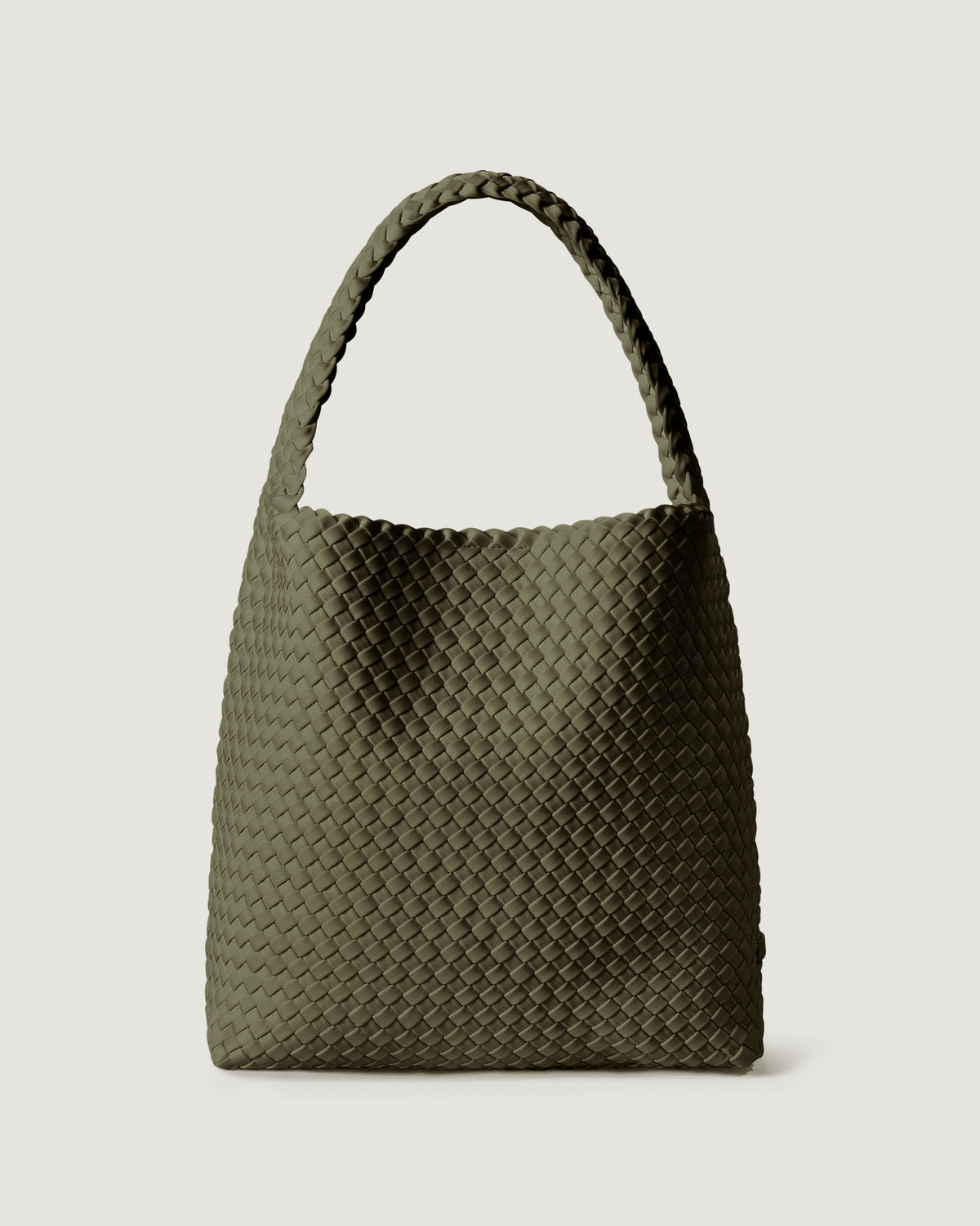 Nomad Hobo in Olive, an olive green tone, in handwoven neoprene, featuring an open top with magnetic snap closure, and handwoven shoulder strap lays comfortably flat.