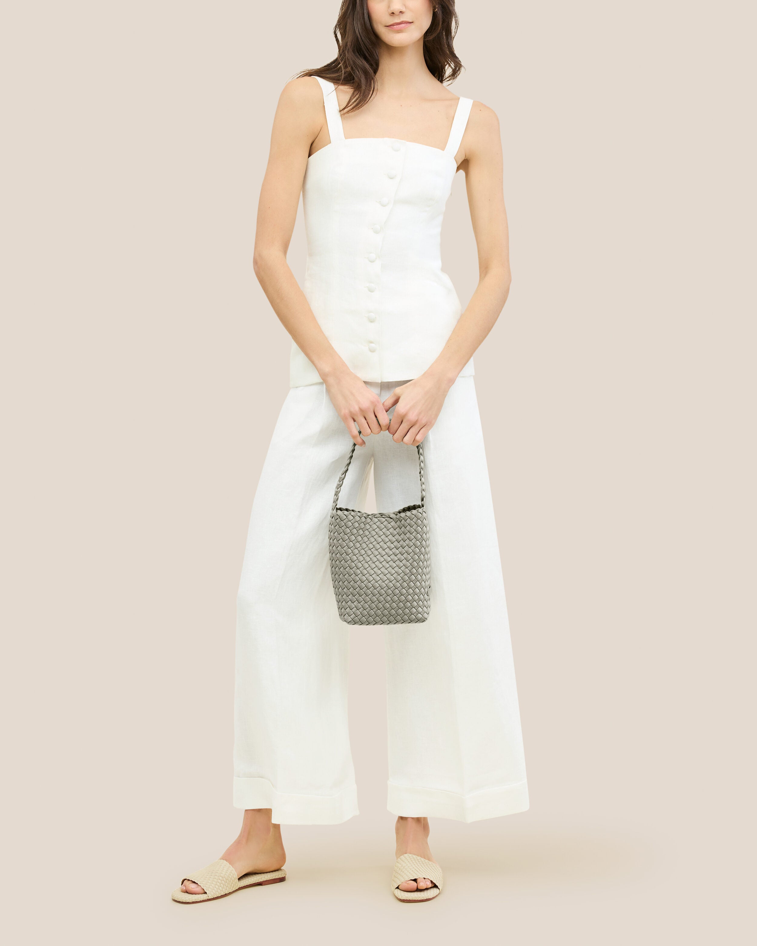 Nomad Hobo in Celadon shown on model to illustrate scale and soft silhouette.