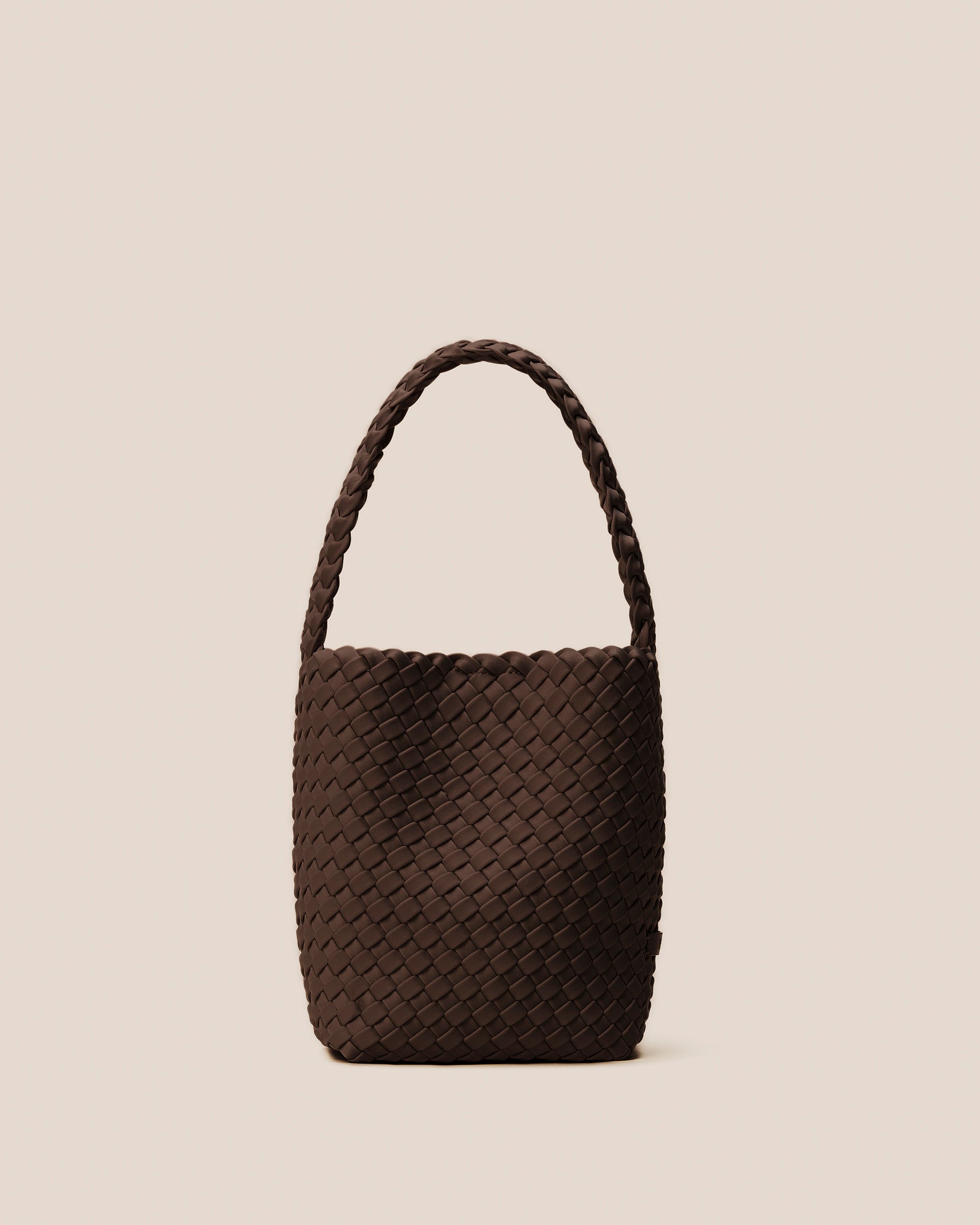 Nomad Small Hobo Bag in Chocolate, a dark chocolate brown tone, in handwoven neoprene featuring an open top with magnetic snap closure, and handwoven shoulder strap lays comfortably flat.