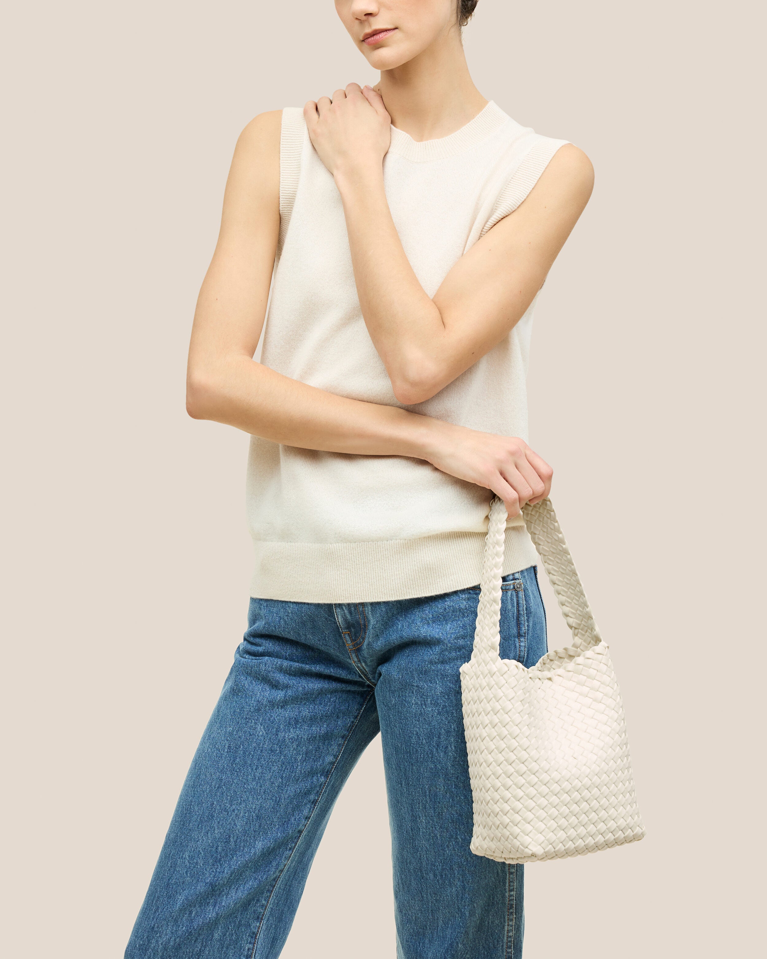 Nomad Hobo in Jasmine shown on model to illustrate scale and soft silhouette.