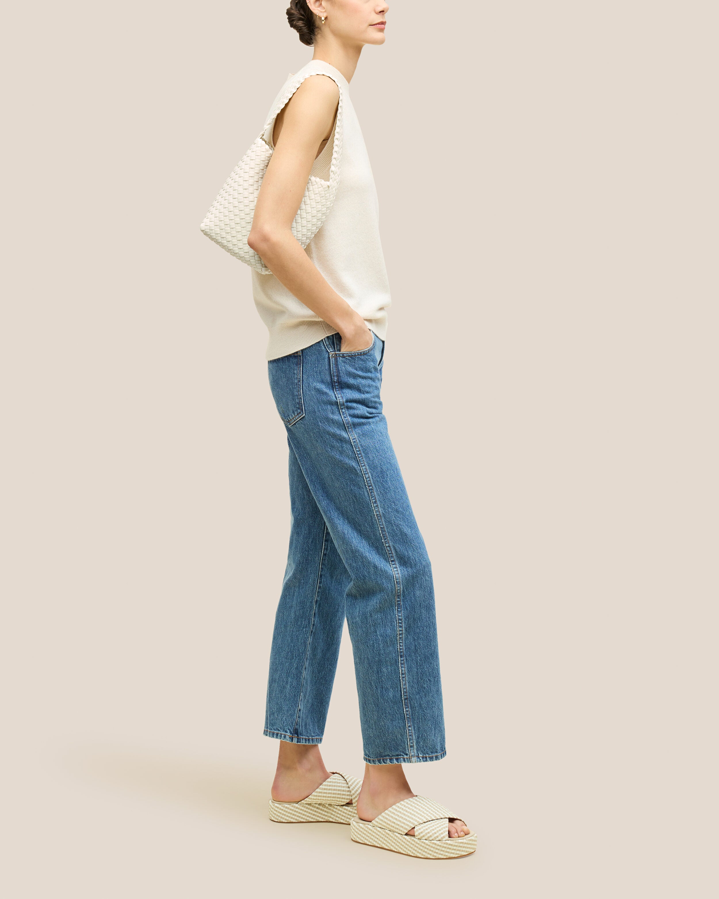 Nomad Hobo in Jasmine shown on model to illustrate scale and soft silhouette.