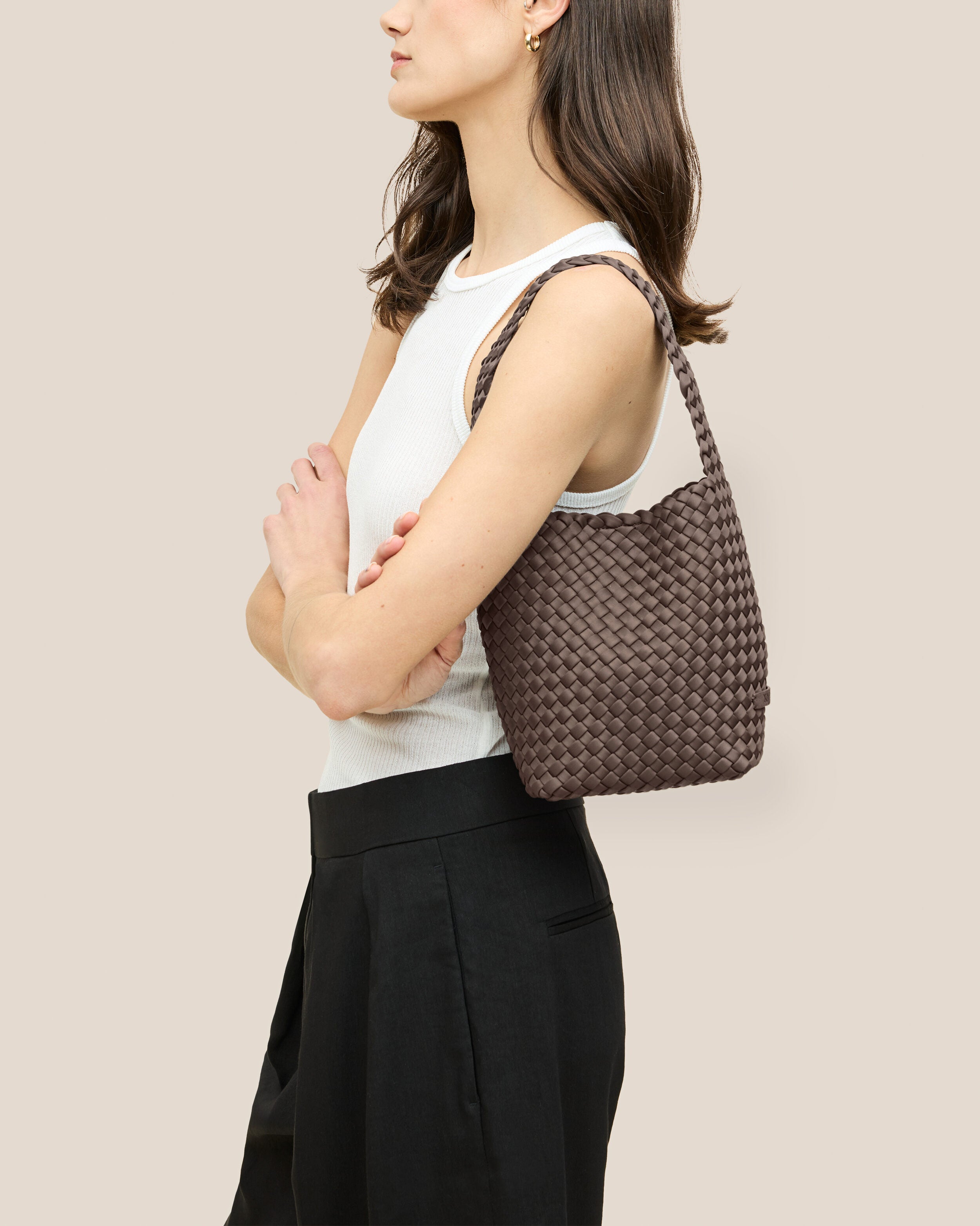 Nomad Hobo in Napa shown on model to illustrate scale and soft silhouette.