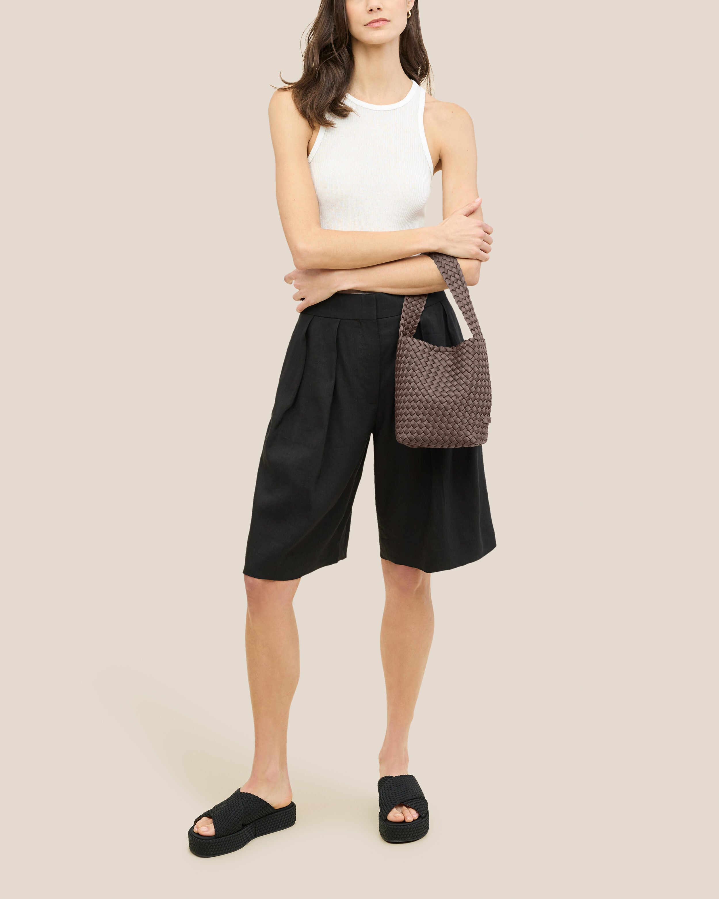 Nomad Hobo in Napa shown on model to illustrate scale and soft silhouette.