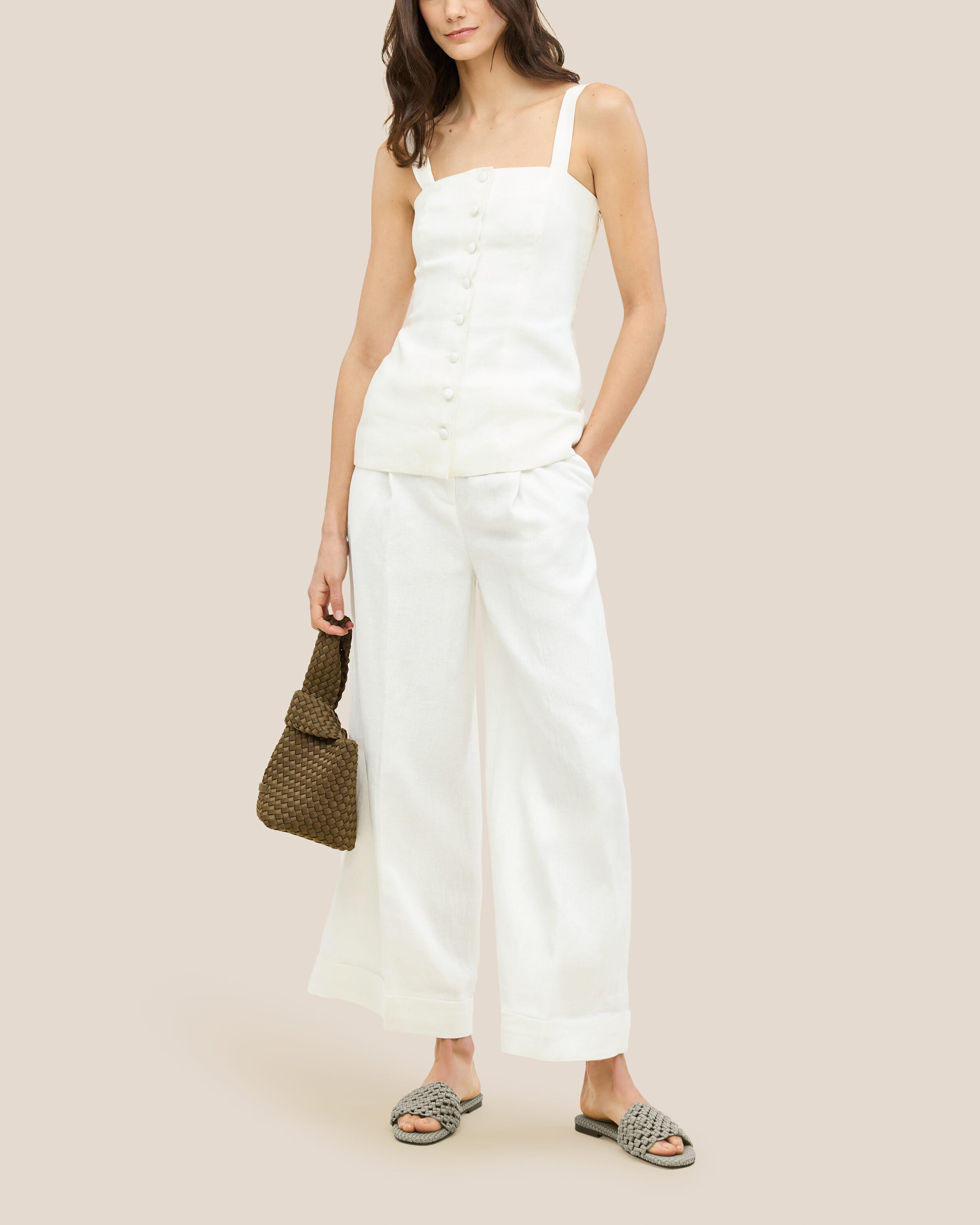 The Ojai Slide in Celadon shown on model.