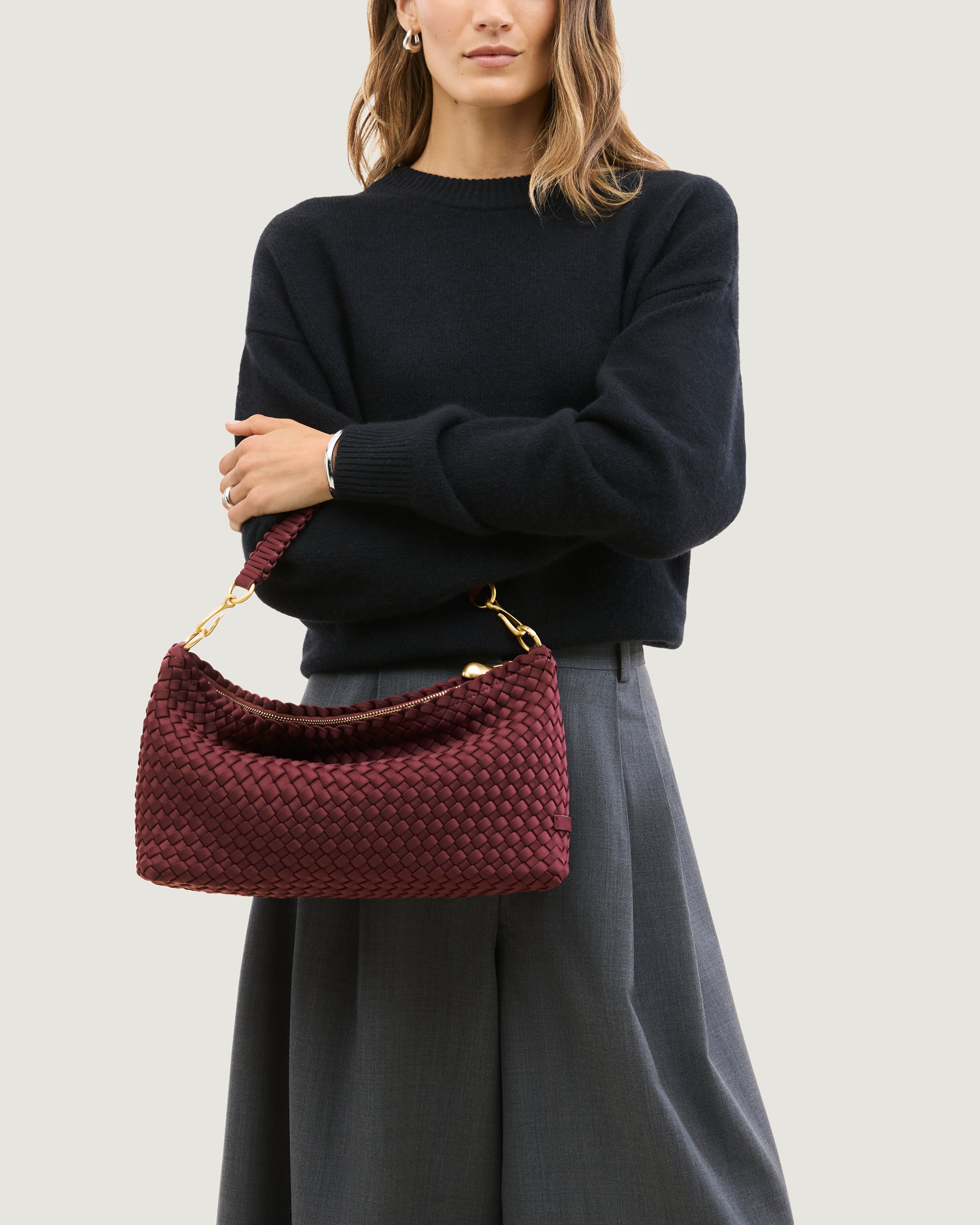 Porto Half-Moon in Bordeaux shown on model to illustrate scale and soft silhouette.