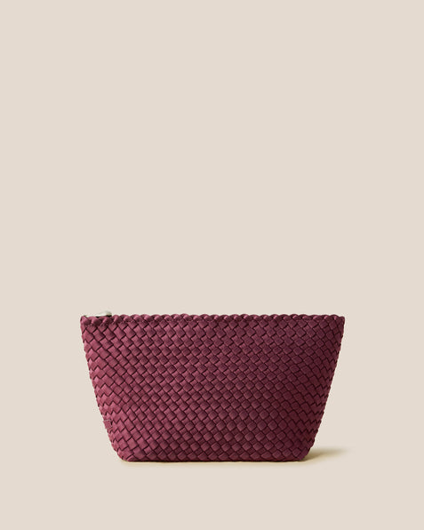 Portofino Large Cosmetic Pouch in Bordeaux, a rich burgundy tone, in handwoven neoprene featuring a zip closure.