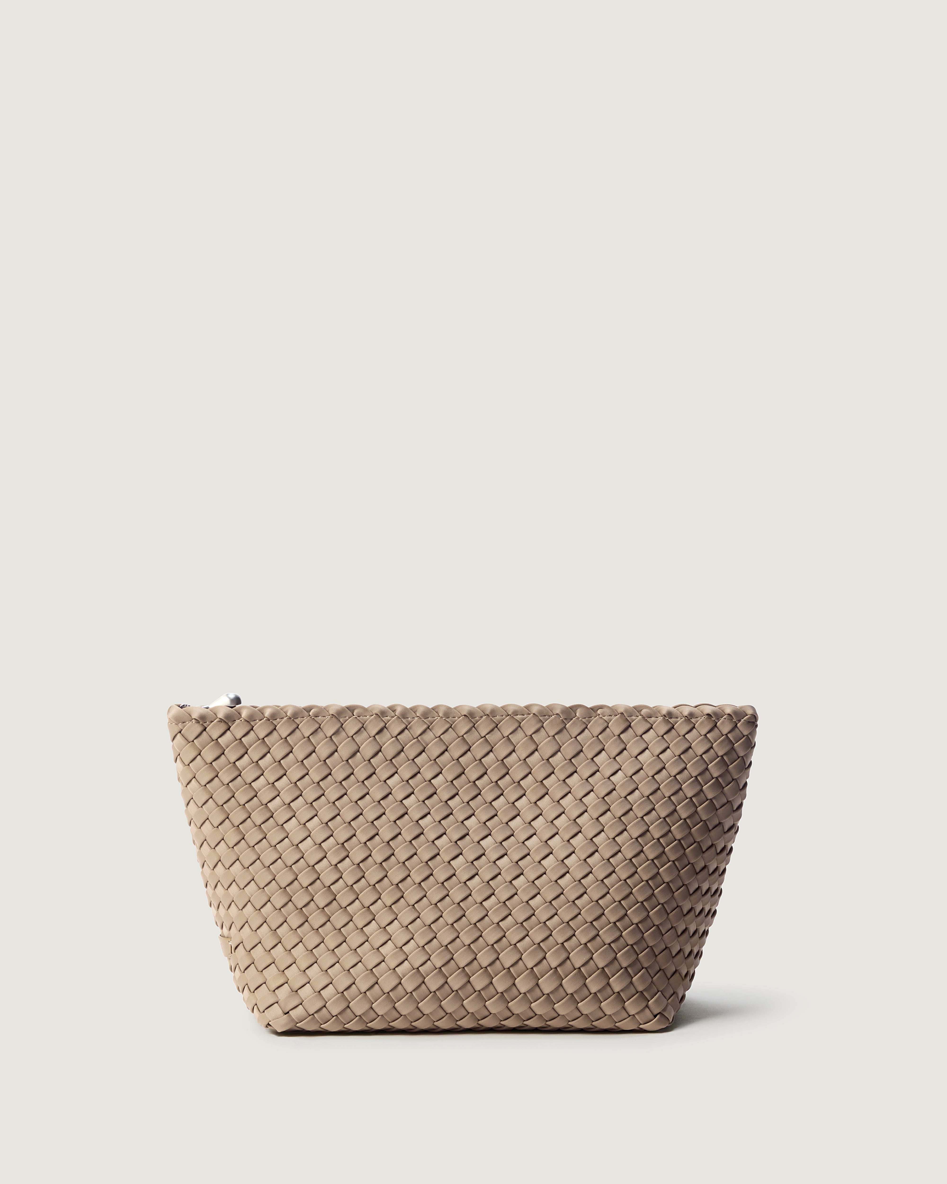 Portofino Cosmetic Pouch in Cashmere, a taupe tone, in handwoven neoprene, featuring a zip closure.