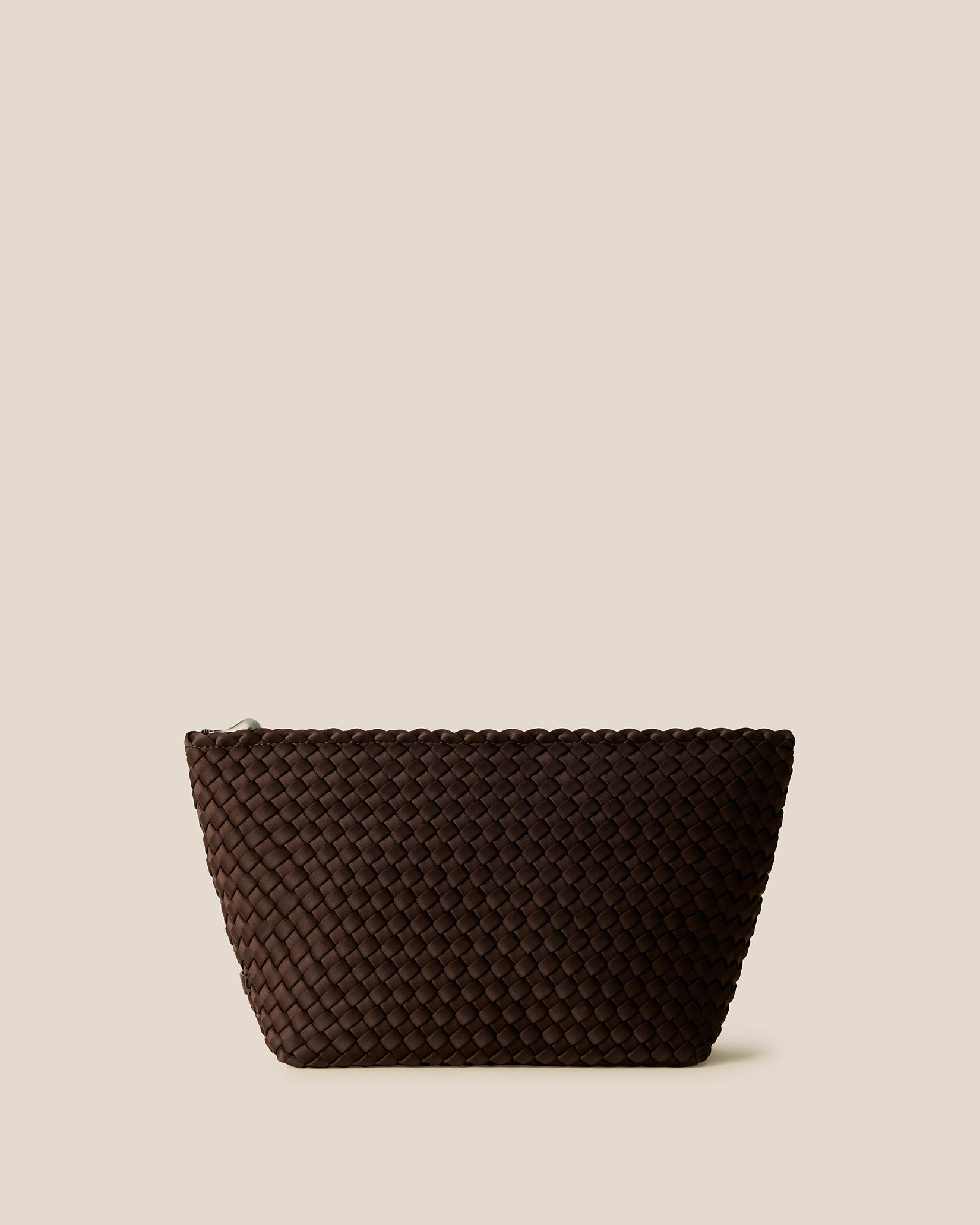 Portofino Large Cosmetic Pouch in Chocolate, a dark chocolate brown tone, in handwoven neoprene featuring a zip closure.