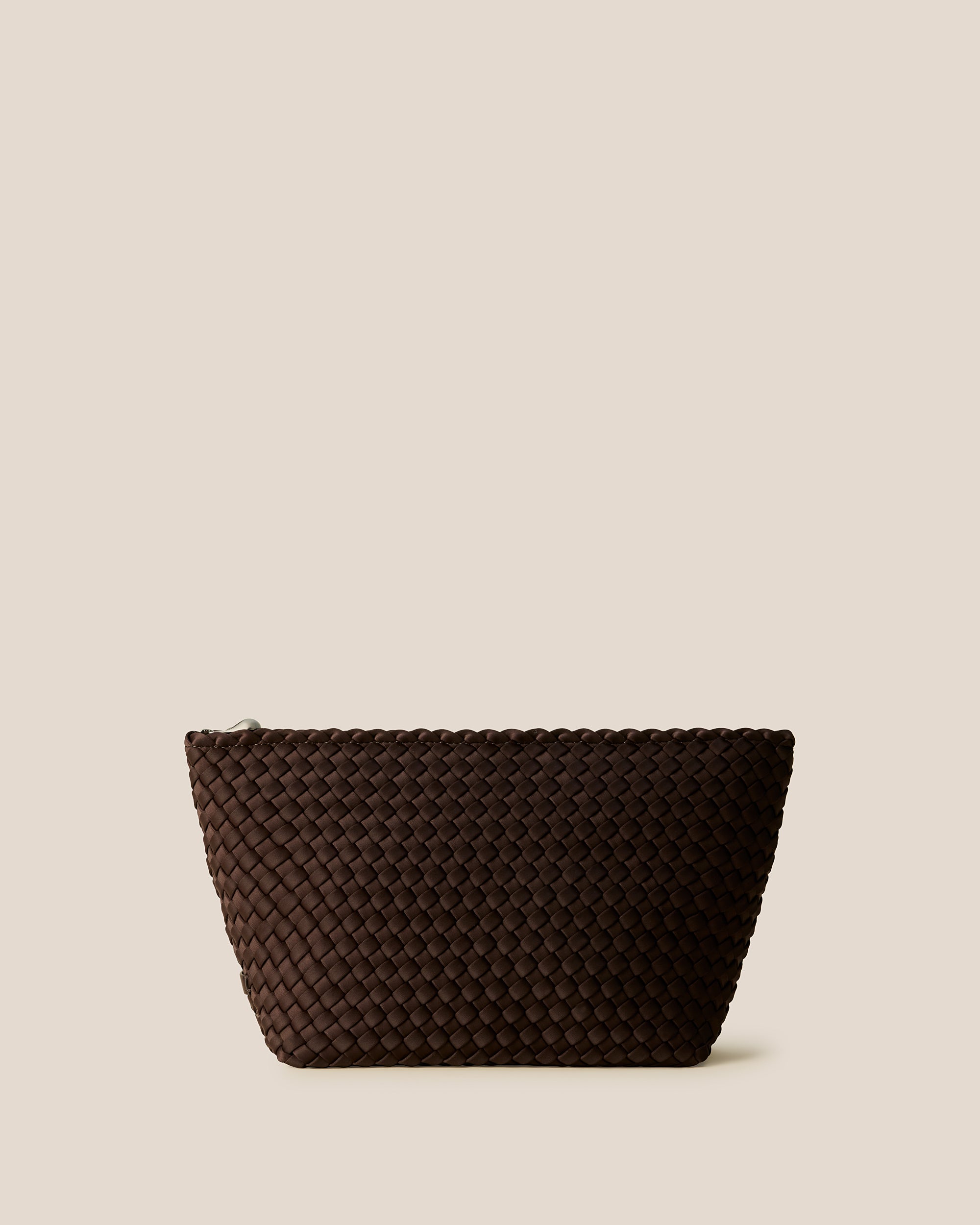 Portofino Large Cosmetic Pouch in Chocolate, a dark chocolate brown tone, in handwoven neoprene featuring a zip closure.