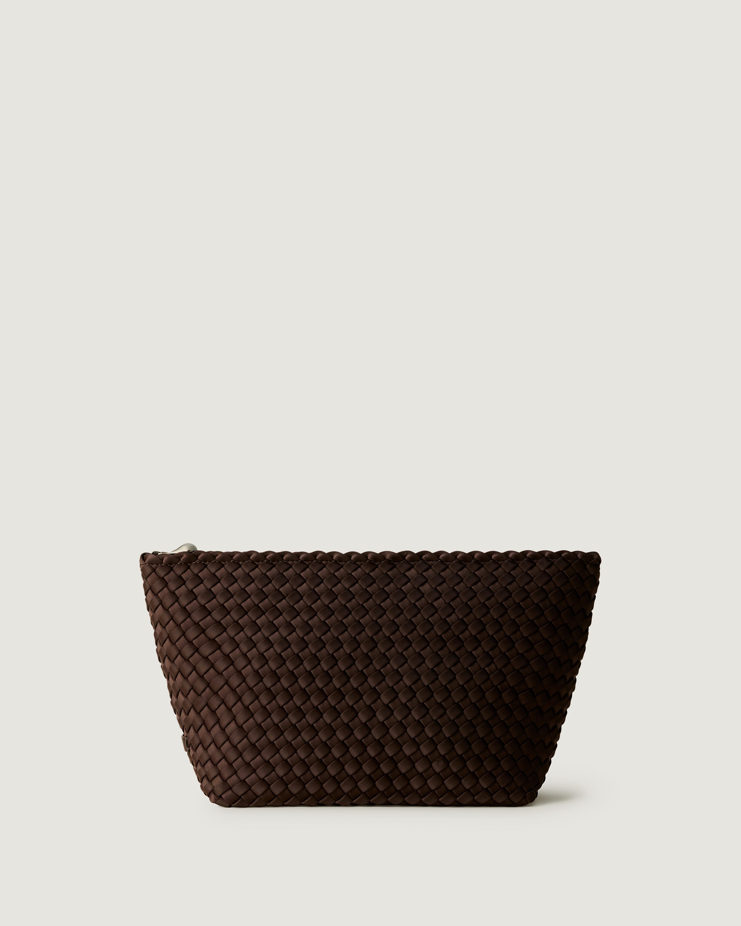 Portofino Cosmetic Pouch in Chocolate, a dark chocolate brown tone, in handwoven neoprene, featuring a zip closure.
