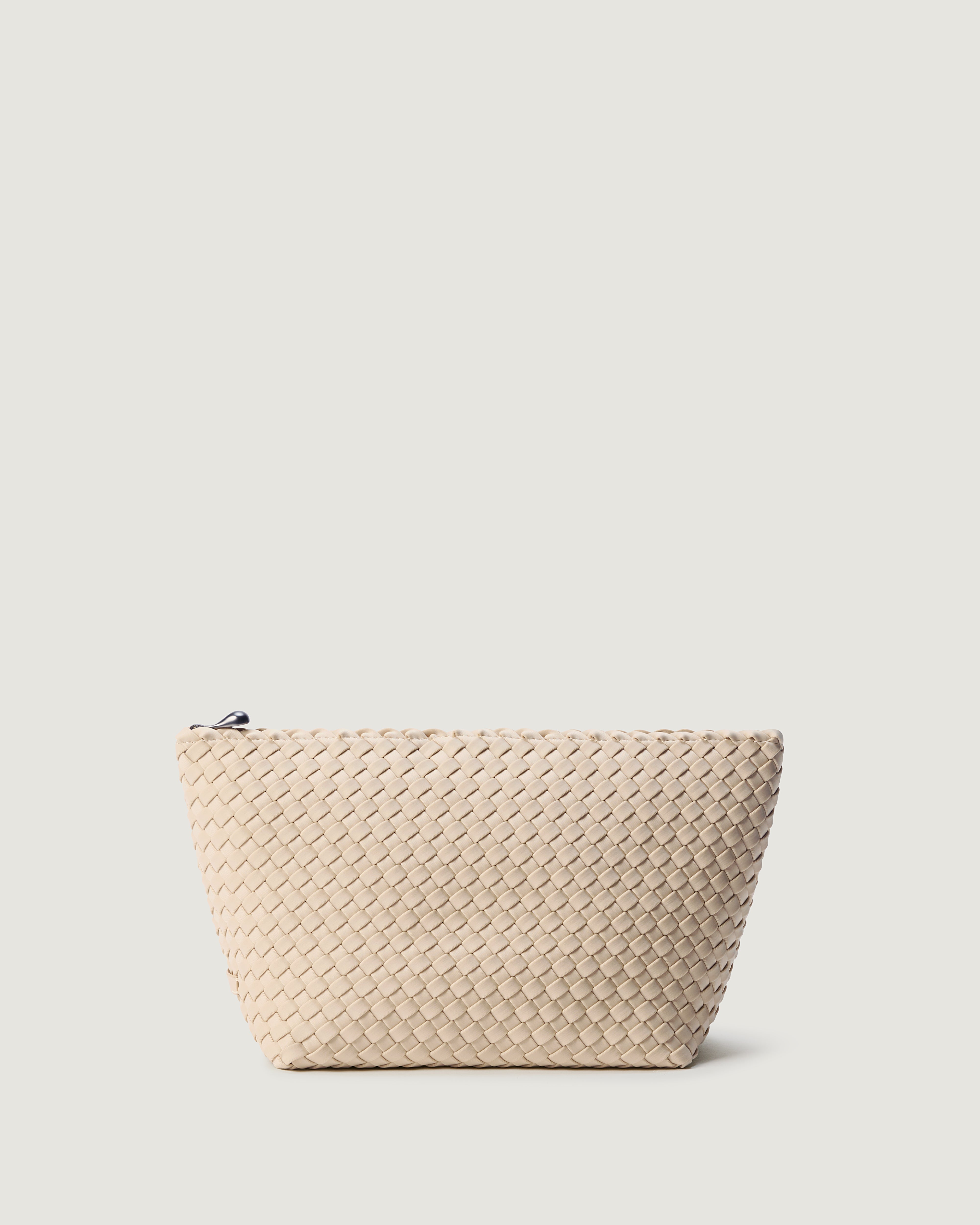 Portofino Cosmetic Pouch in Ecru, a beige tone, in handwoven neoprene, featuring a zip closure.