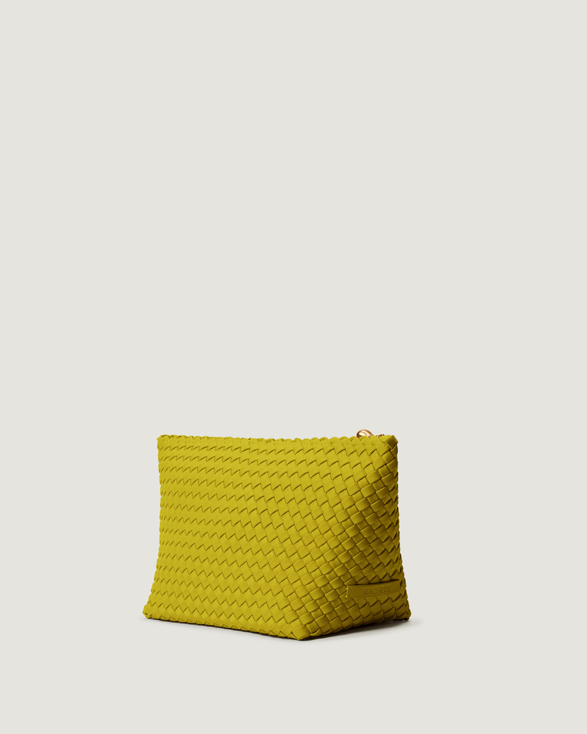 Portofino Cosmetic Pouch in Ochre shown from a side angle, highlighting its handwoven neoprene construction and zip closure.