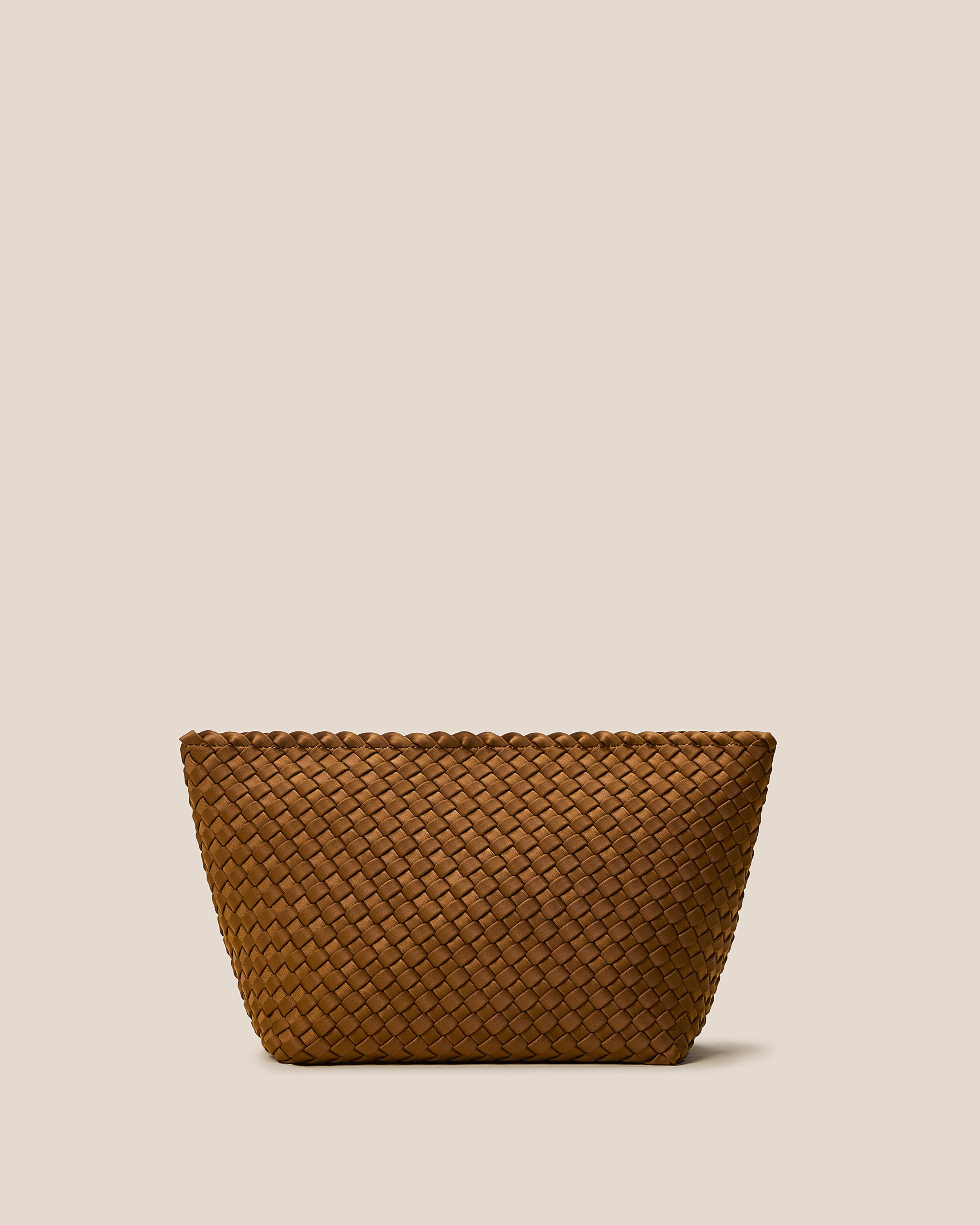 Portofino Cosmetic Pouch in Teak, a saddle brown tone, in handwoven neoprene, featuring a zip closure.
