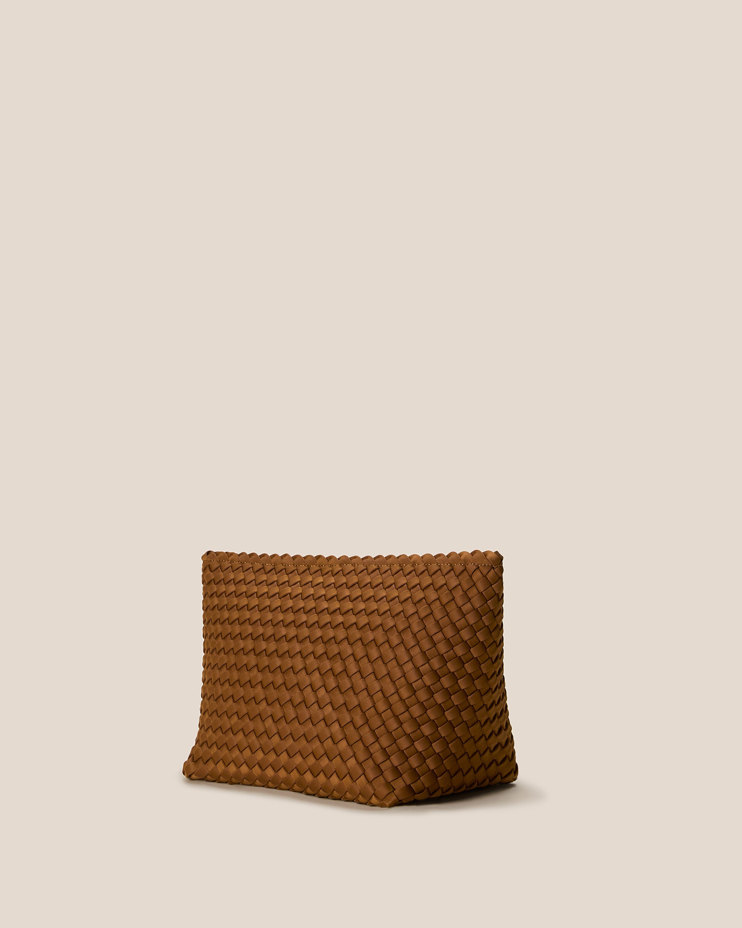 Portofino Cosmetic Pouch in Teak shown from a side angle, highlighting its handwoven neoprene construction and zip closure.