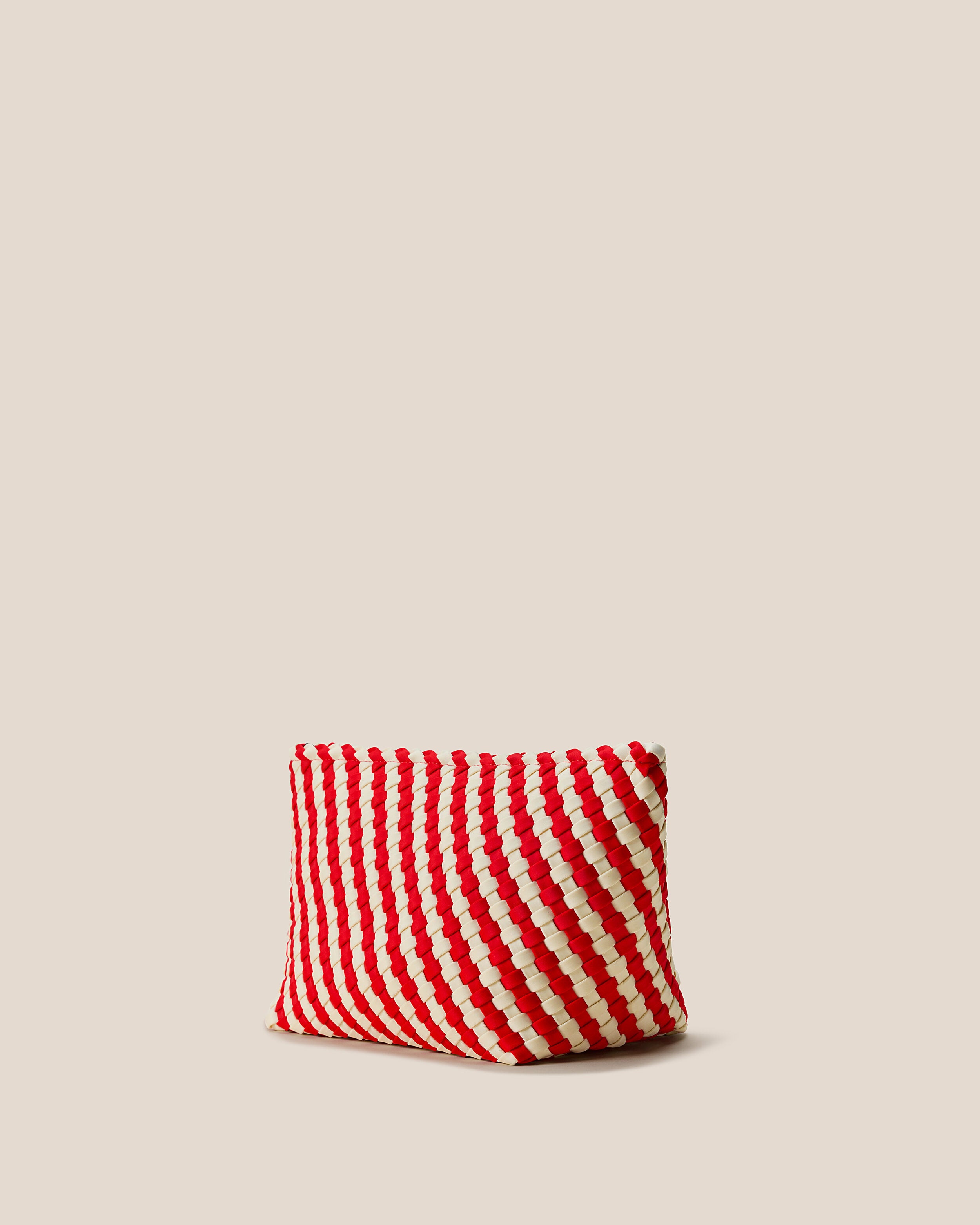 Portofino Cosmetic Pouch in Amalfi shown from a side angle, highlighting its handwoven neoprene construction and zip closure.
