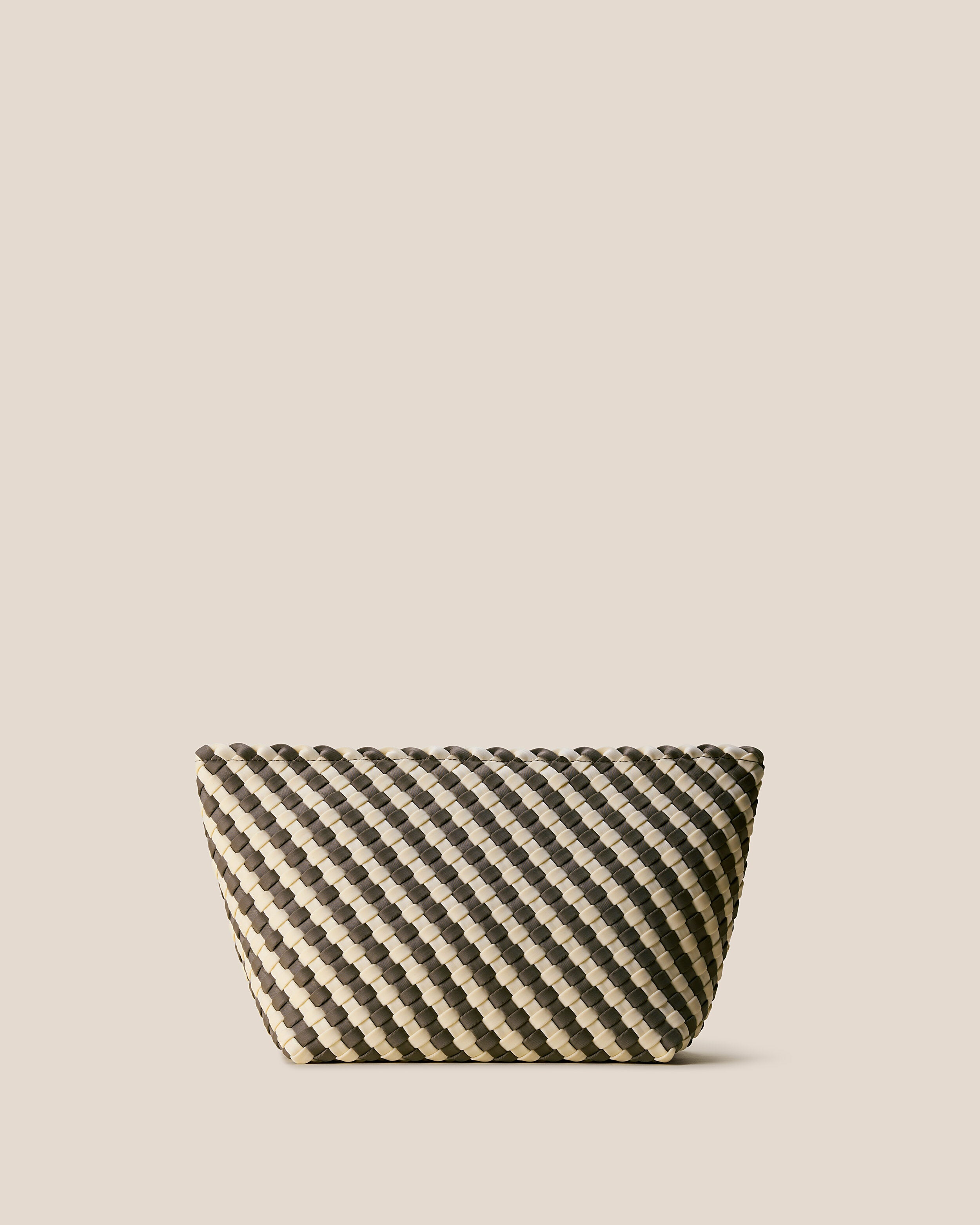 Portofino Cosmetic Pouch in Carrara, a muted earth brown and bone tone, in handwoven neoprene, featuring a zip closure.