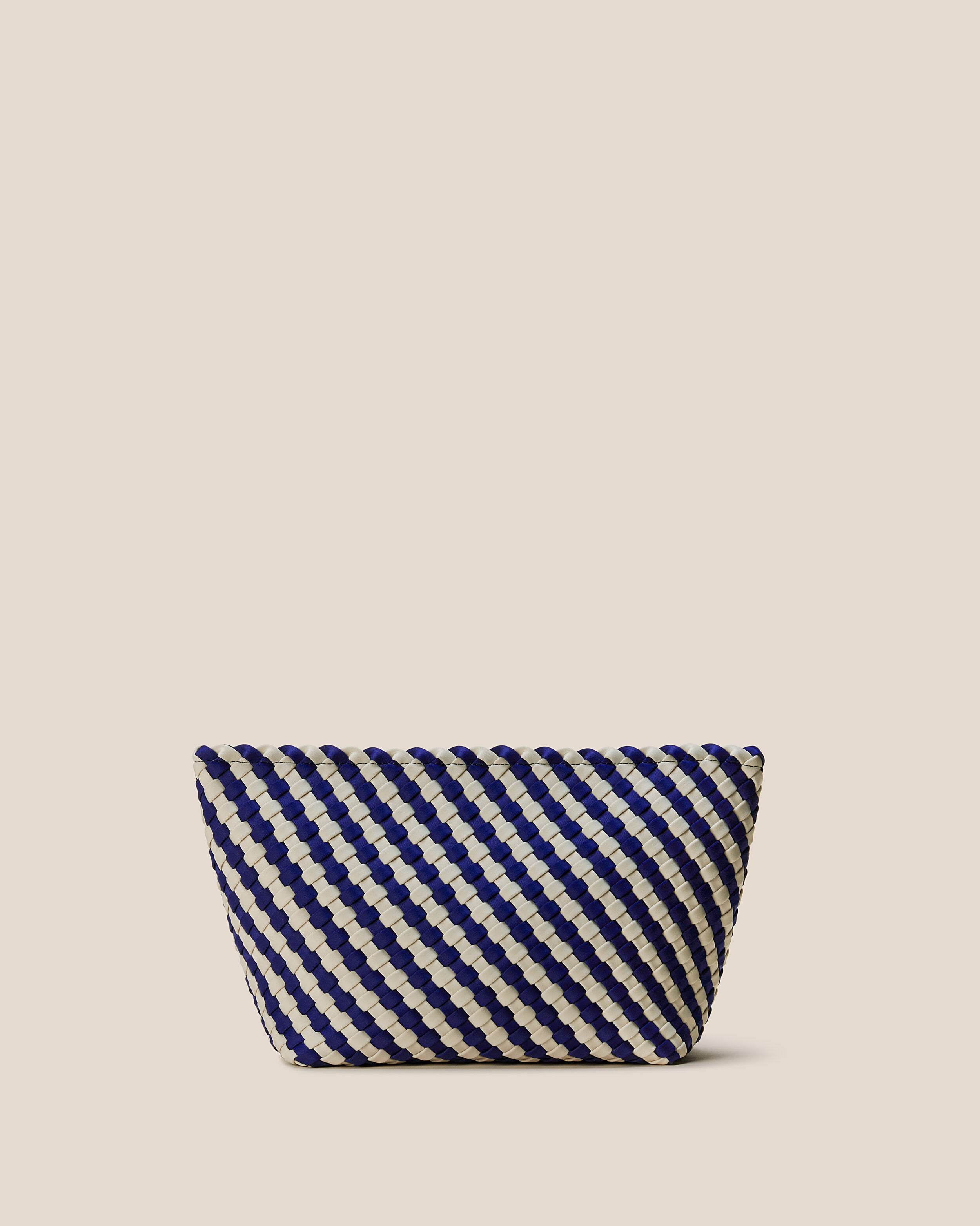 Portofino Cosmetic Pouch in Venice, a navy blue and dove white tone, in handwoven neoprene, featuring a zip closure.