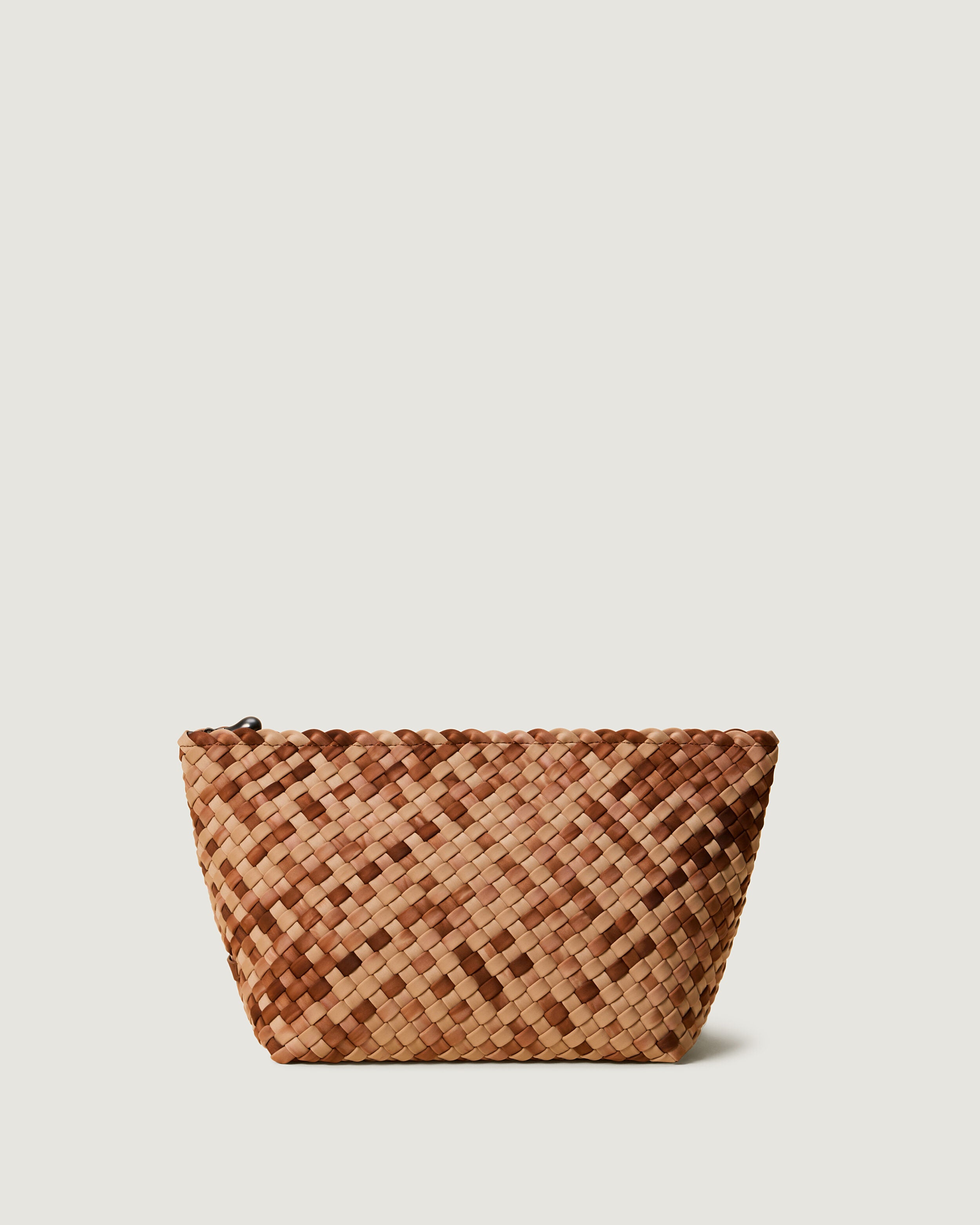 Portofino Cosmetic Pouch in Fez, a camel brown and saddle brown tone, in handwoven neoprene, featuring a zip closure.