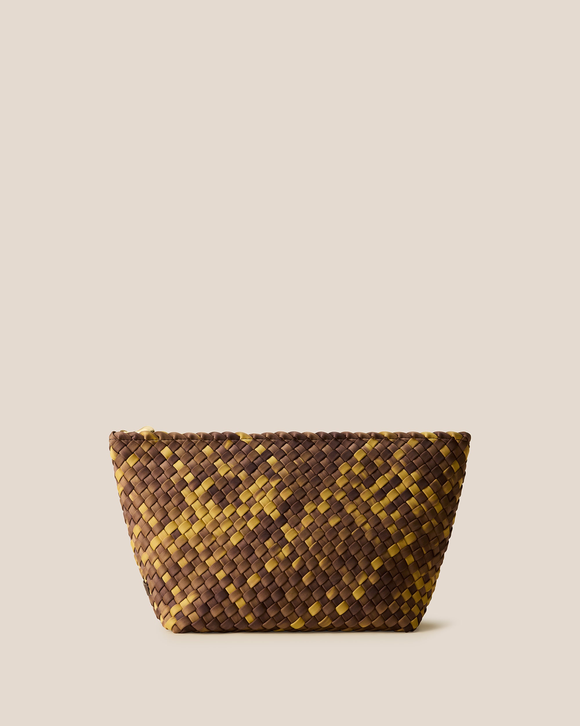 Portofino Large Watercolor Cosmetic Pouch in Tortoiseshell, a mustard gold and dark chocolate brown tone, in handwoven neoprene featuring a zip closure.