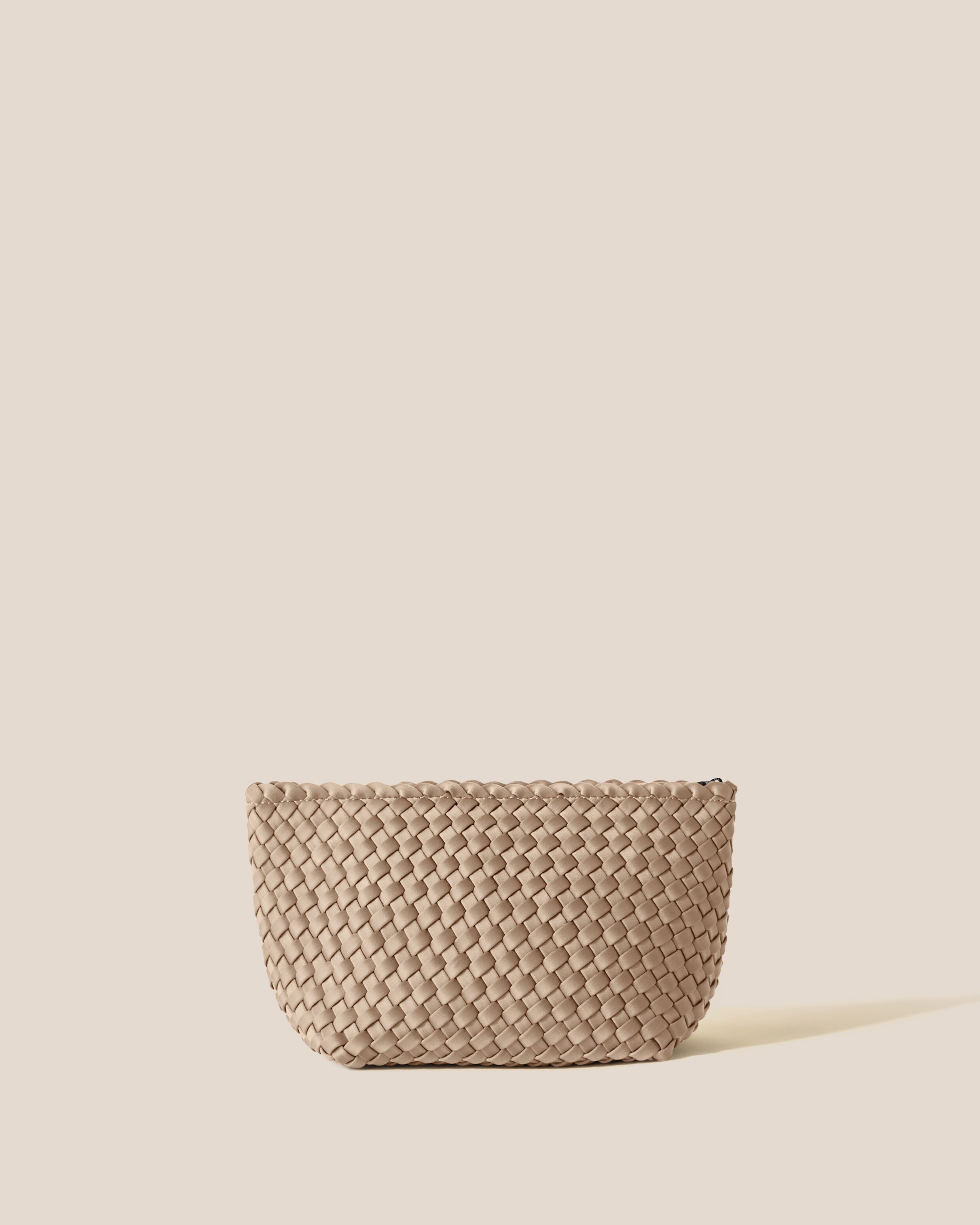 Portofino Cosmetic Pouch in Cashmere, a taupe tone, in handwoven neoprene, featuring a zip closure.