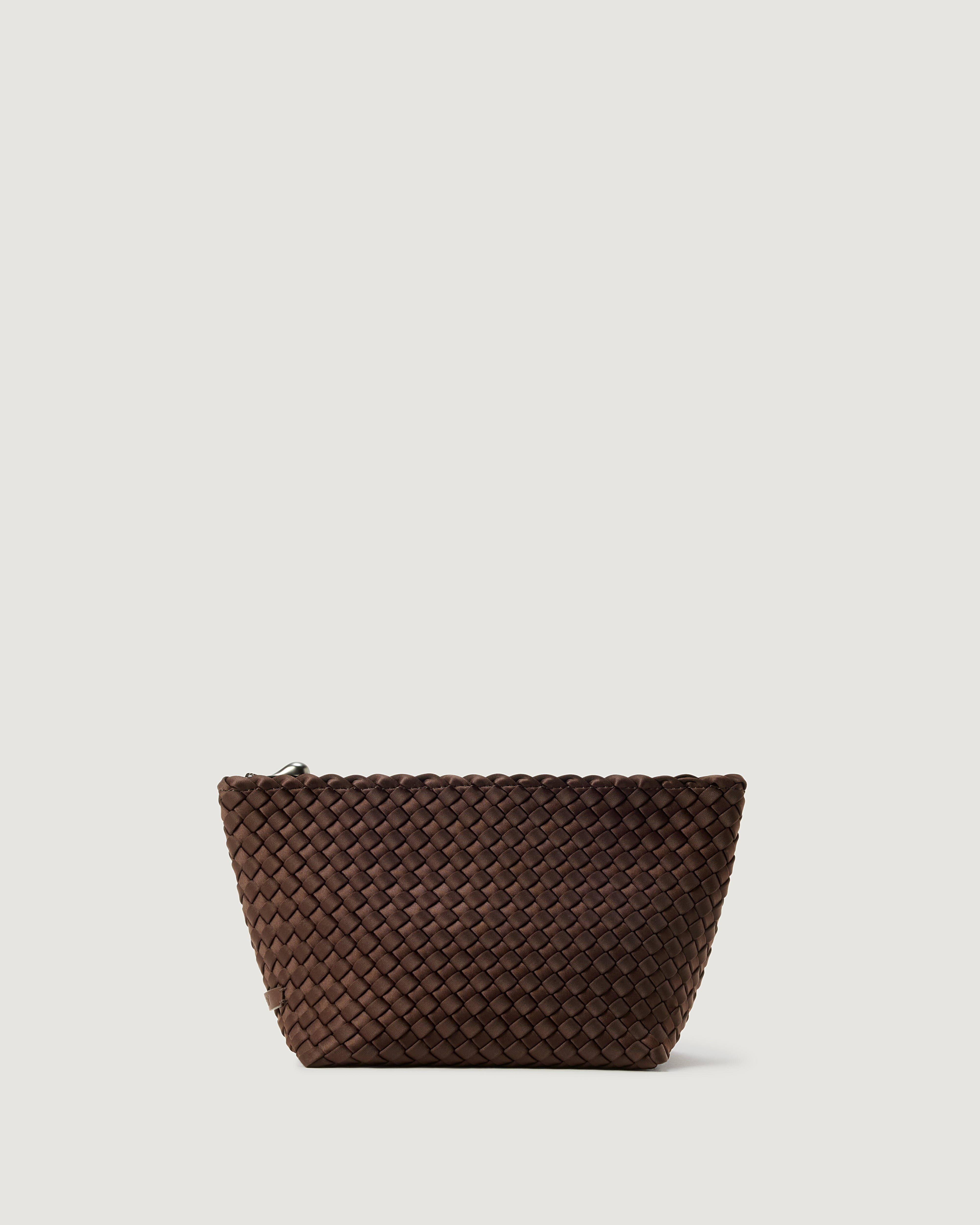 Portofino Cosmetic Pouch in Chocolate, a rich brown tone, in handwoven neoprene, featuring a zip closure.