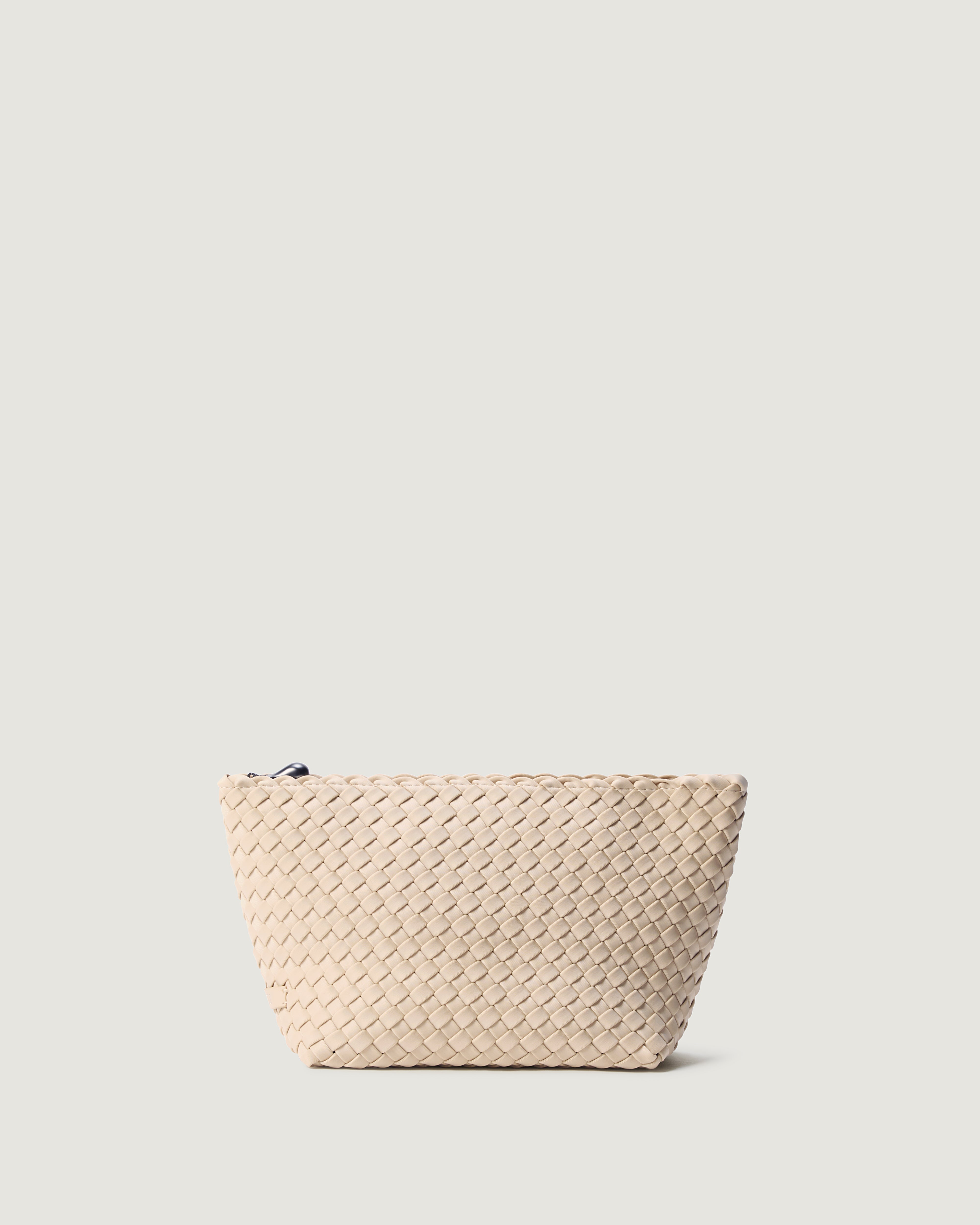 Portofino Cosmetic Pouch in Ecru, a beige tone, in handwoven neoprene, featuring a zip closure.
