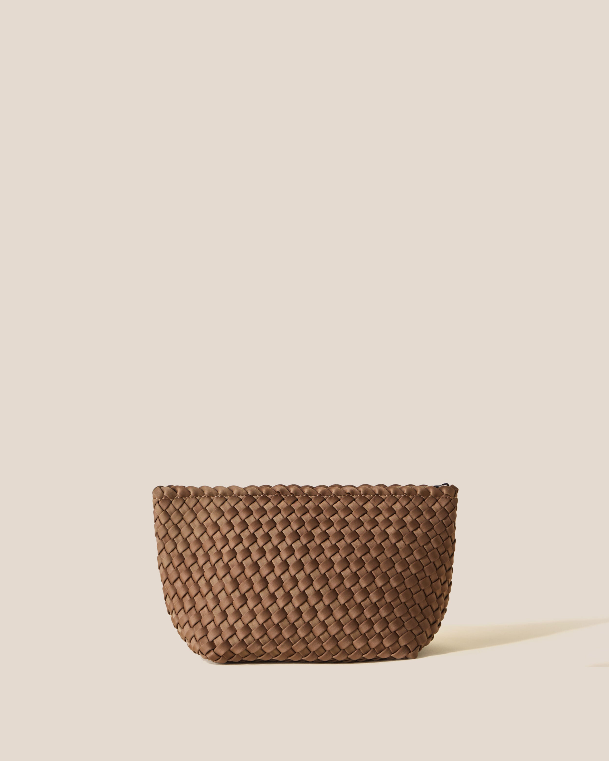 Portofino Cosmetic Pouch in Mink, a brown tone, in handwoven neoprene, featuring a zip closure.