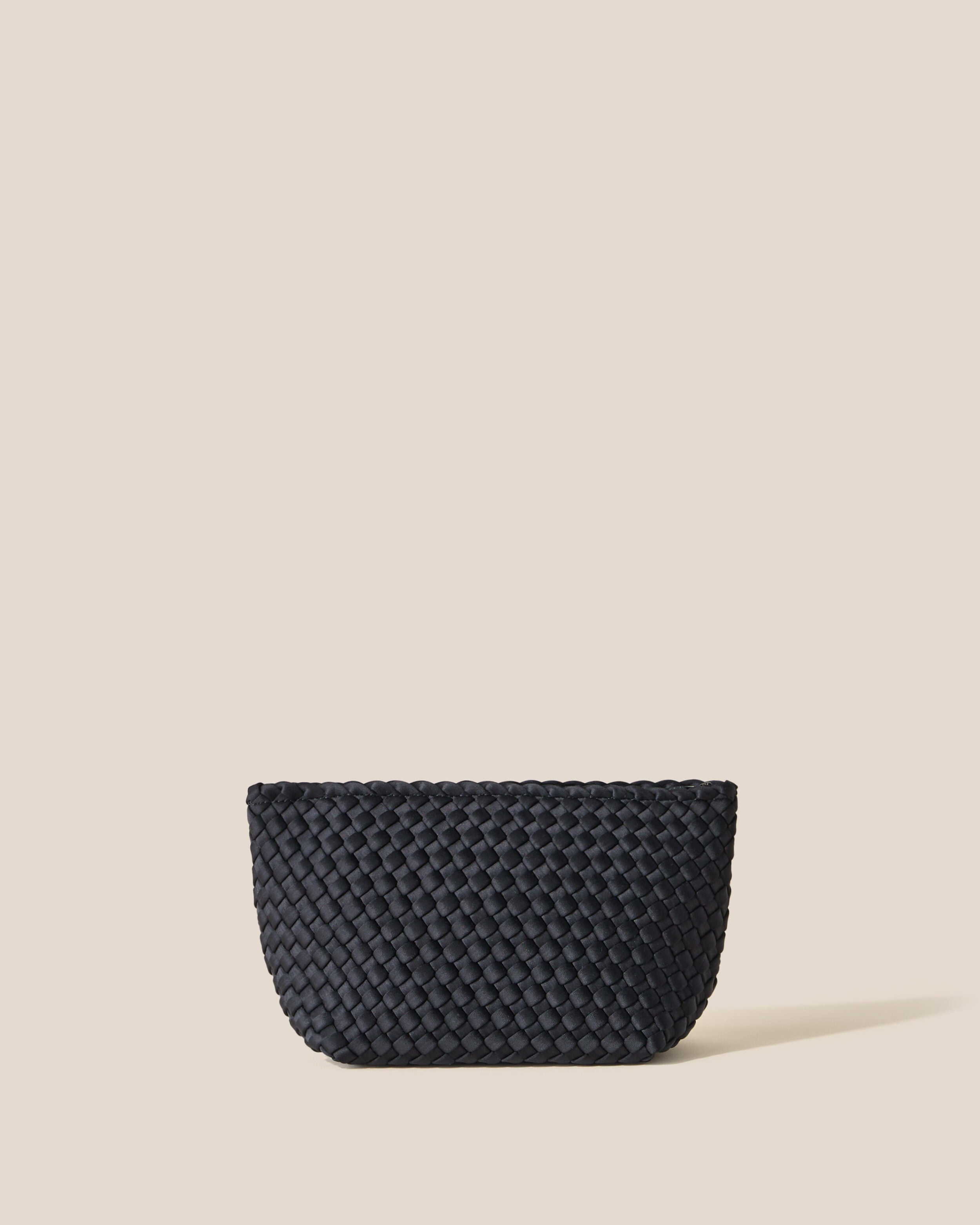 Portofino Cosmetic Pouch in Onyx, a true black tone, in handwoven neoprene, featuring a zip closure.