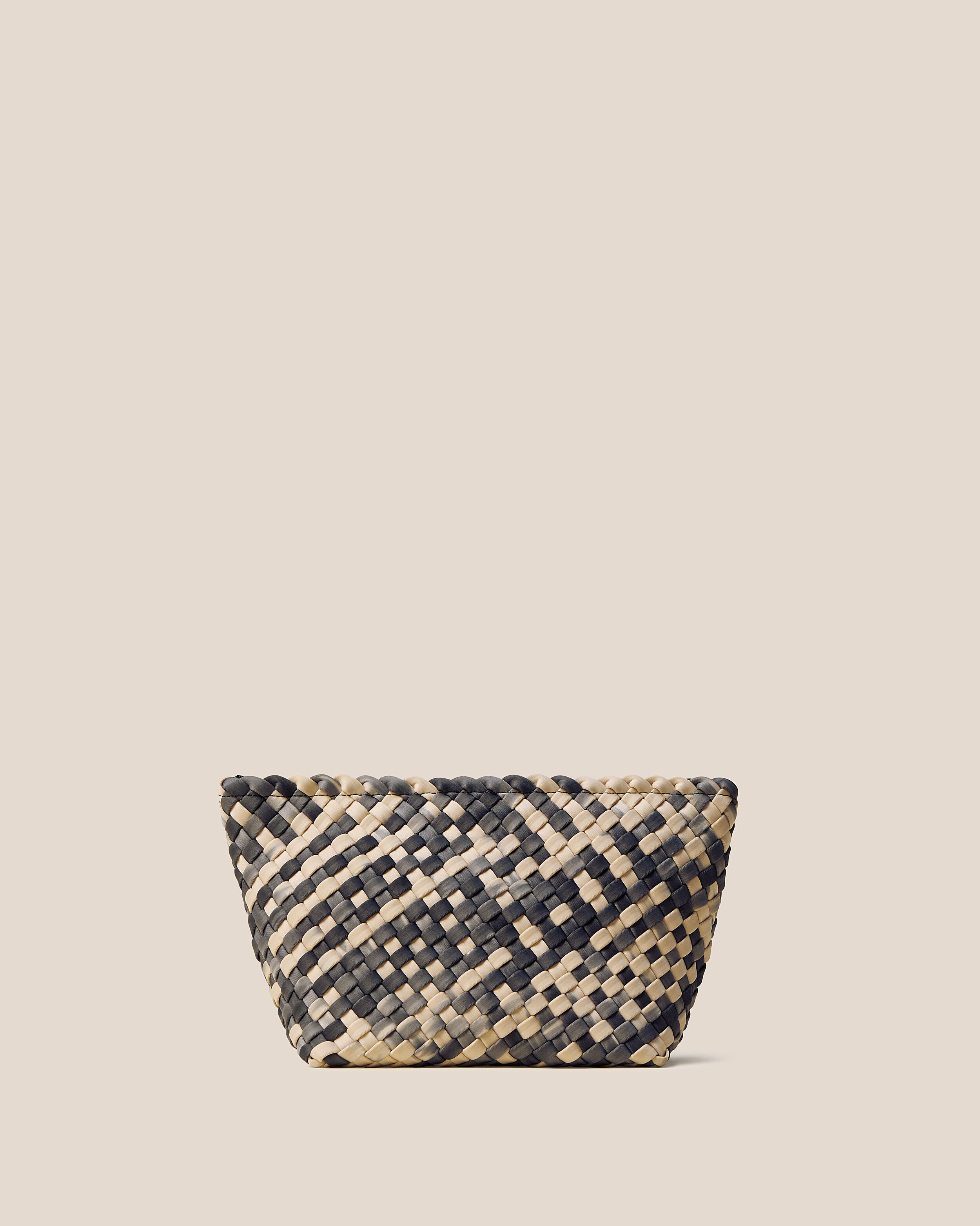 Portofino Cosmetic Pouch in Nimbus, a cream and black tone, in handwoven neoprene, featuring a zip closure.