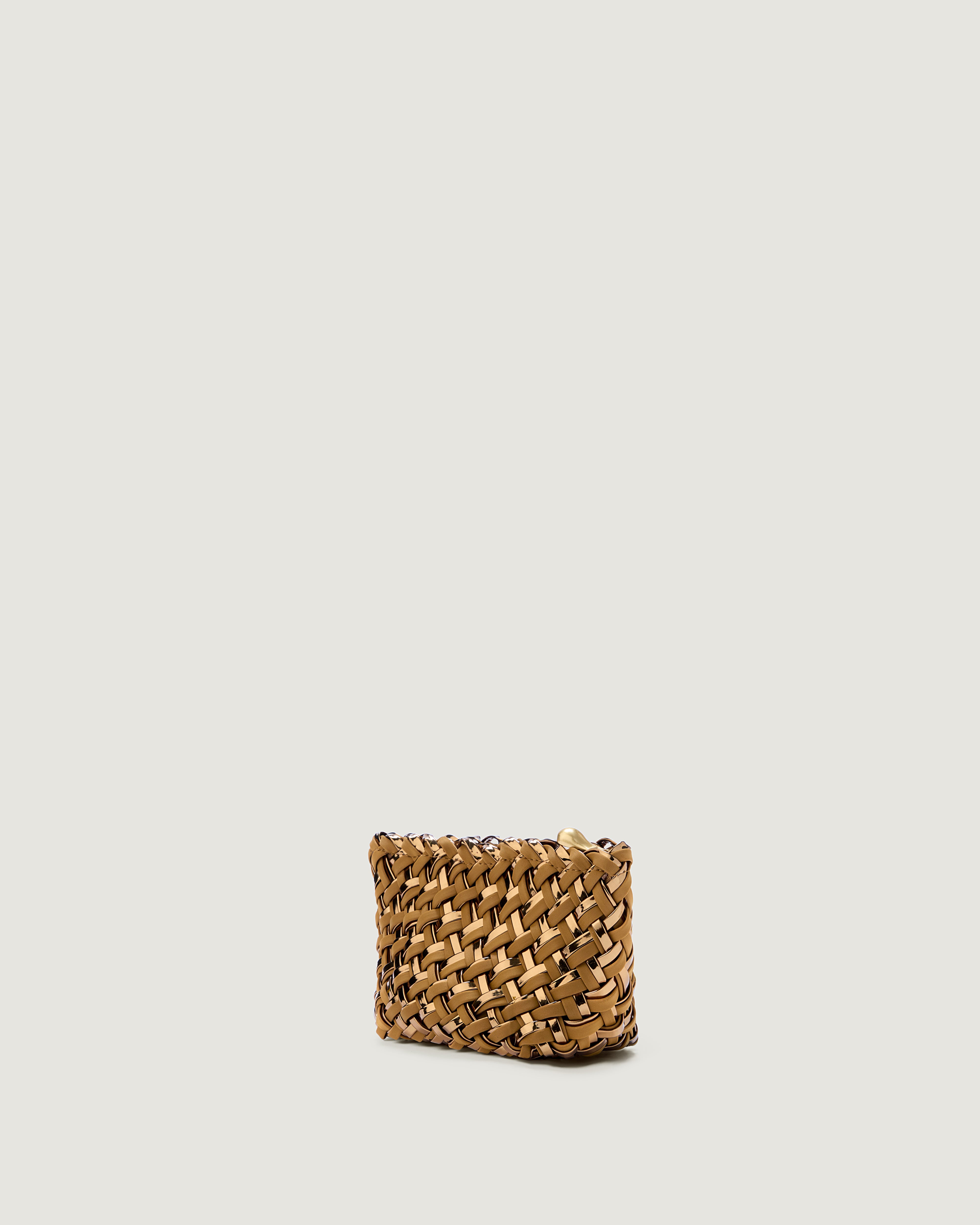 Side view of small handwoven neoprene pouch with gold zipper in gold satin and metallic coated neoprene