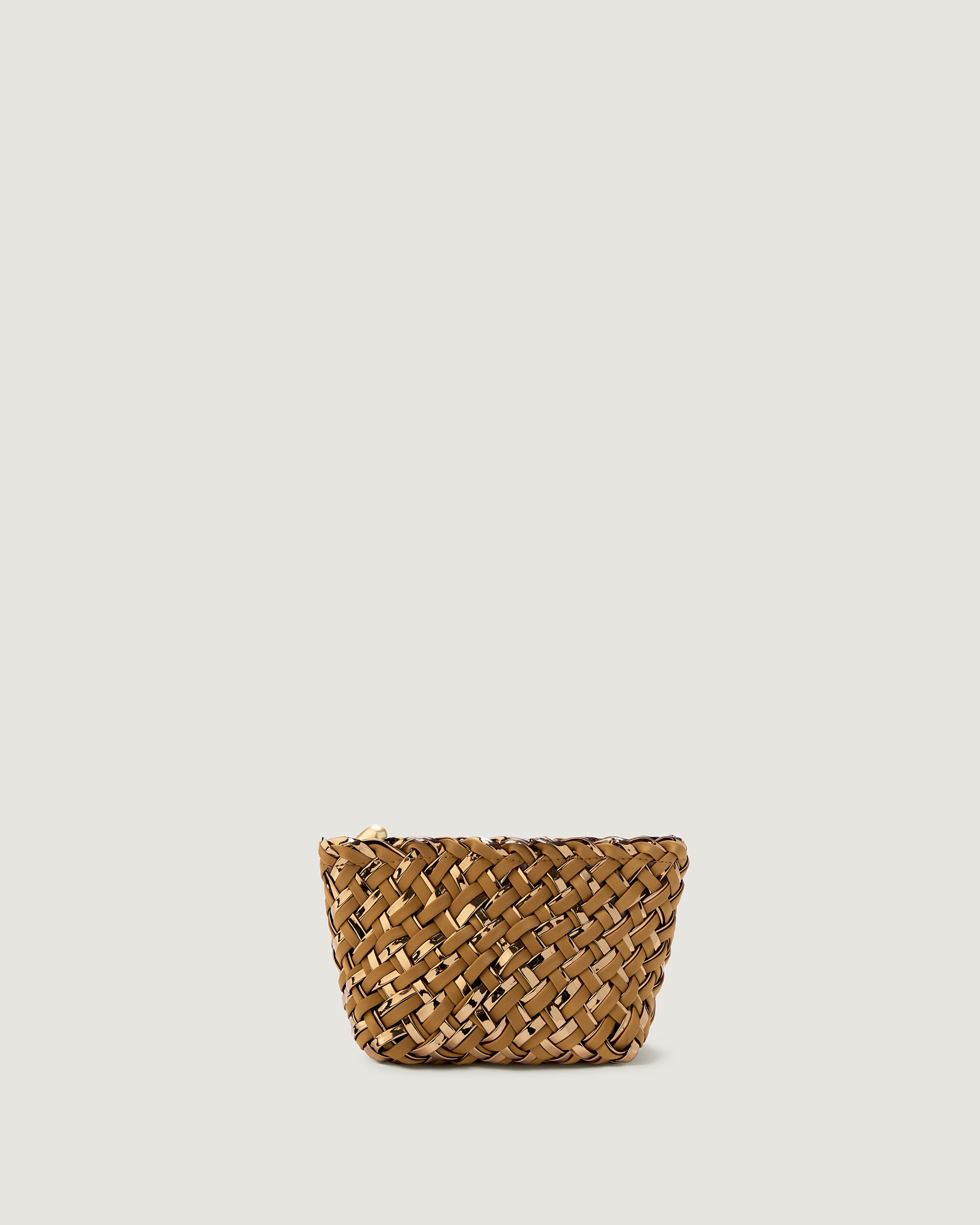 Small handwoven neoprene pouch with gold zipper in gold satin and metallic coated neoprene