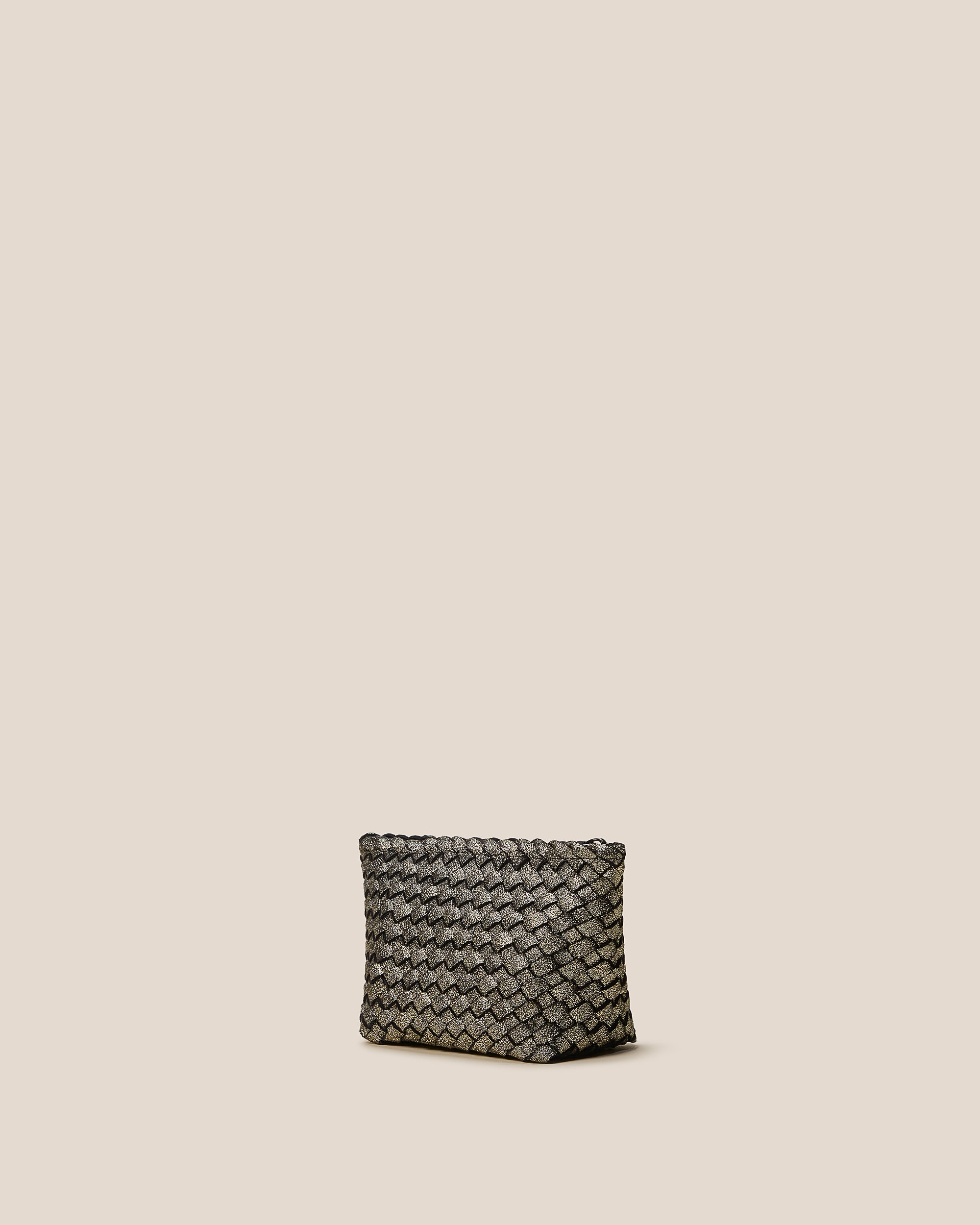 Portofino Petit Metallic Cosmetic Pouch in Etoile shown from a side angle, highlighting its handwoven neoprene and zip closure.