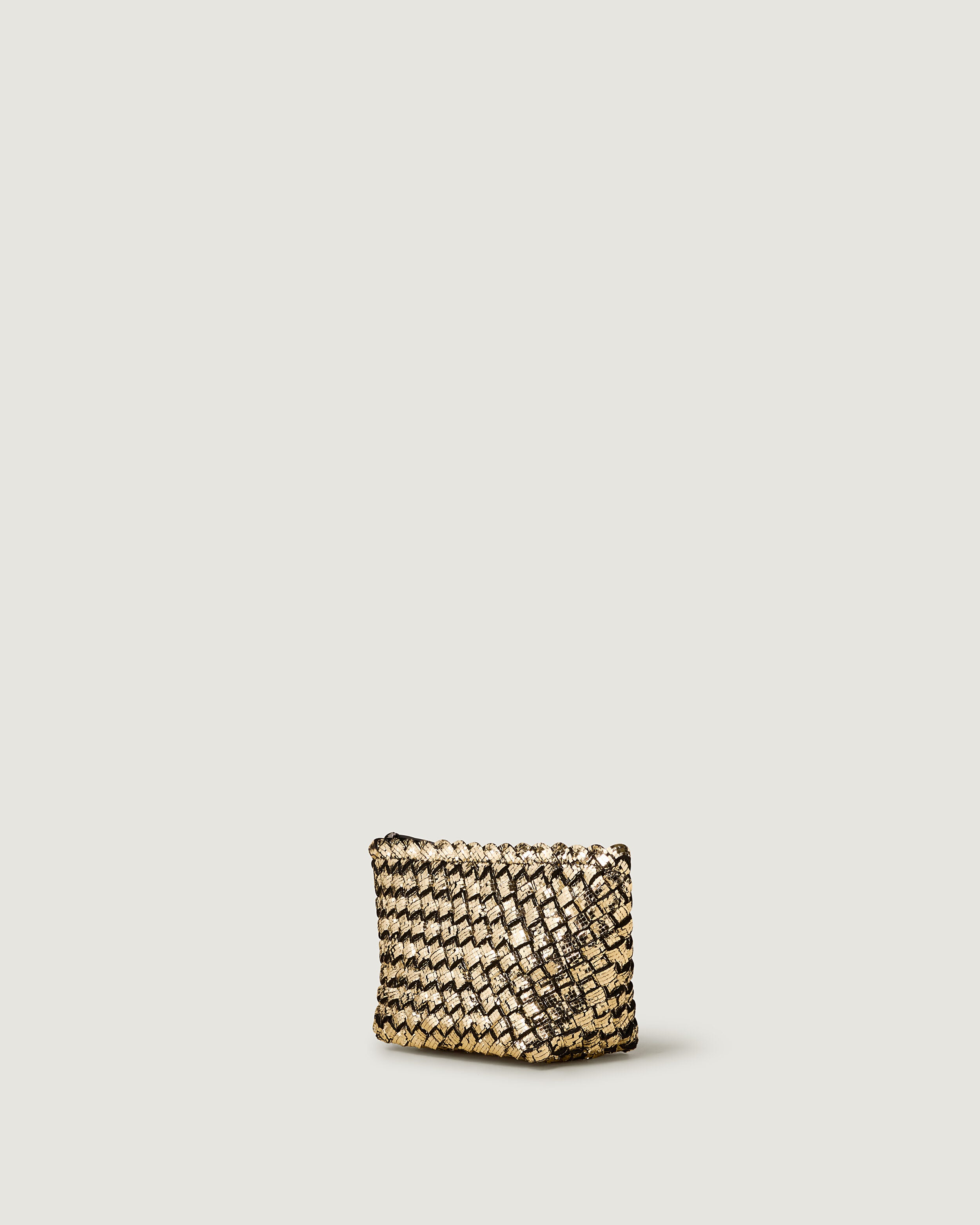 Portofino Cosmetic Pouch in Gold shown from a side angle, highlighting its  and zip closure.