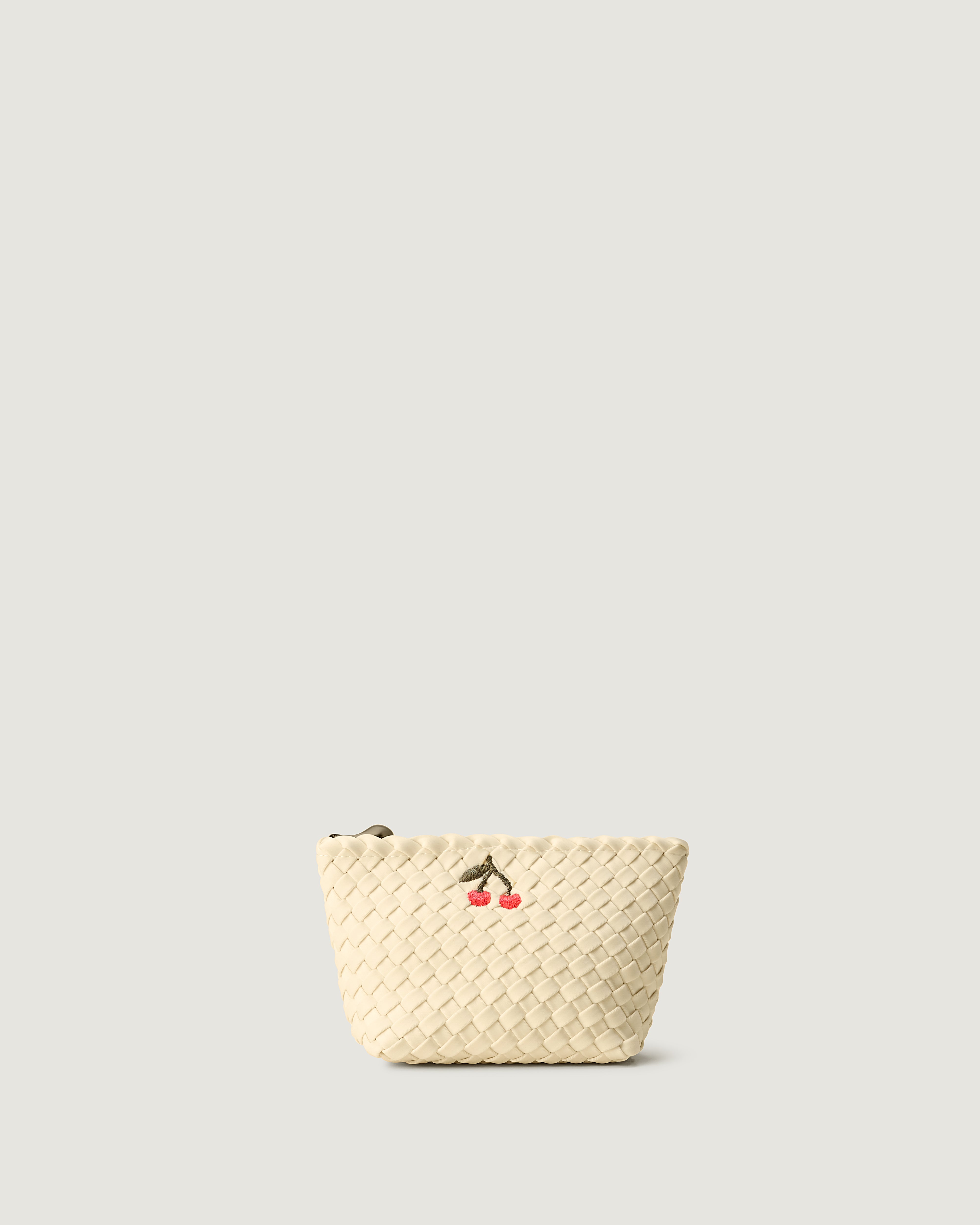 Portofino Cosmetic Pouch in Salt, a bone white tone, in handwoven neoprene, featuring a zip closure and cherry embroidery.