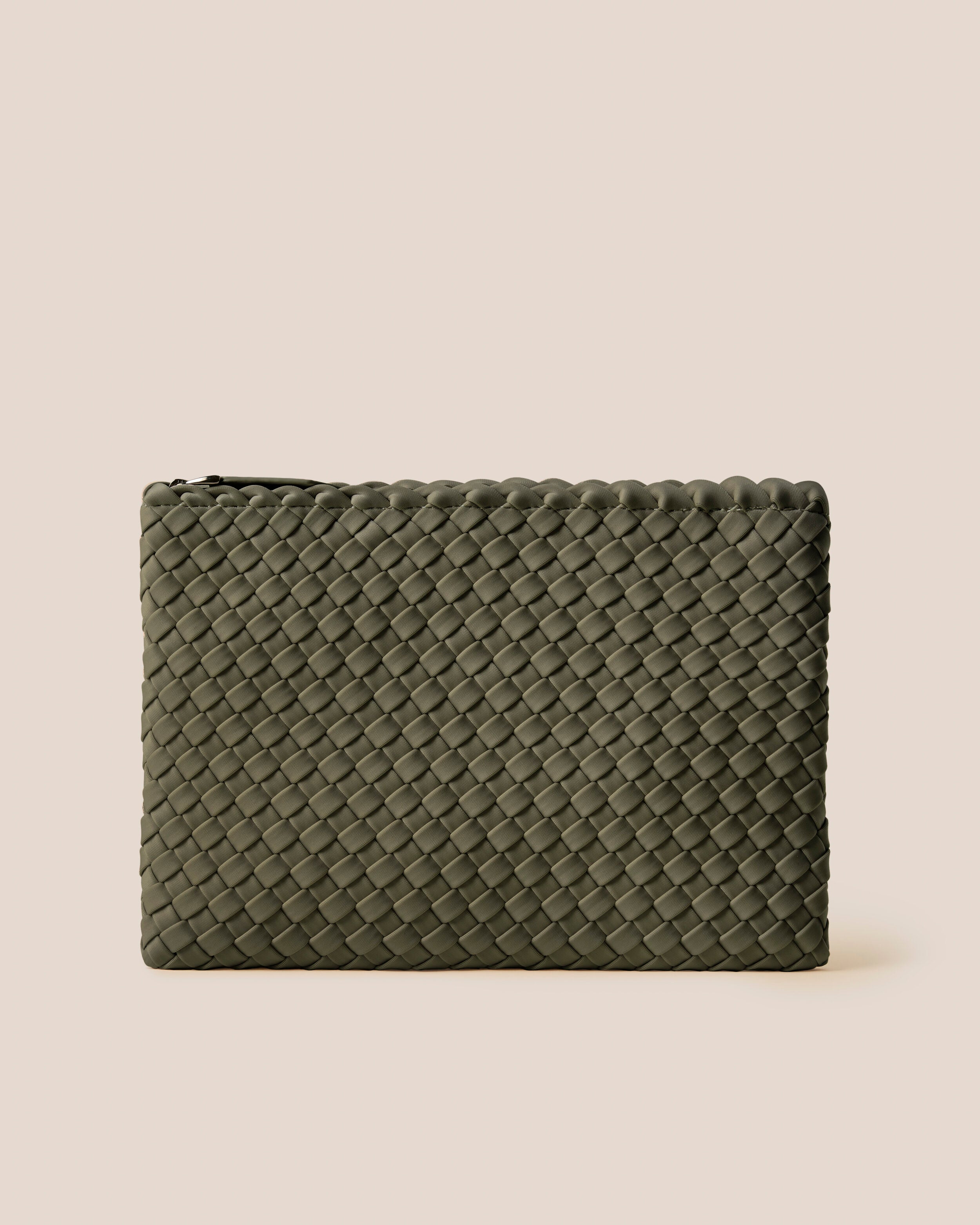 Salina Pouch in Olive, an olive green tone, in handwoven neoprene, featuring a zip closure.