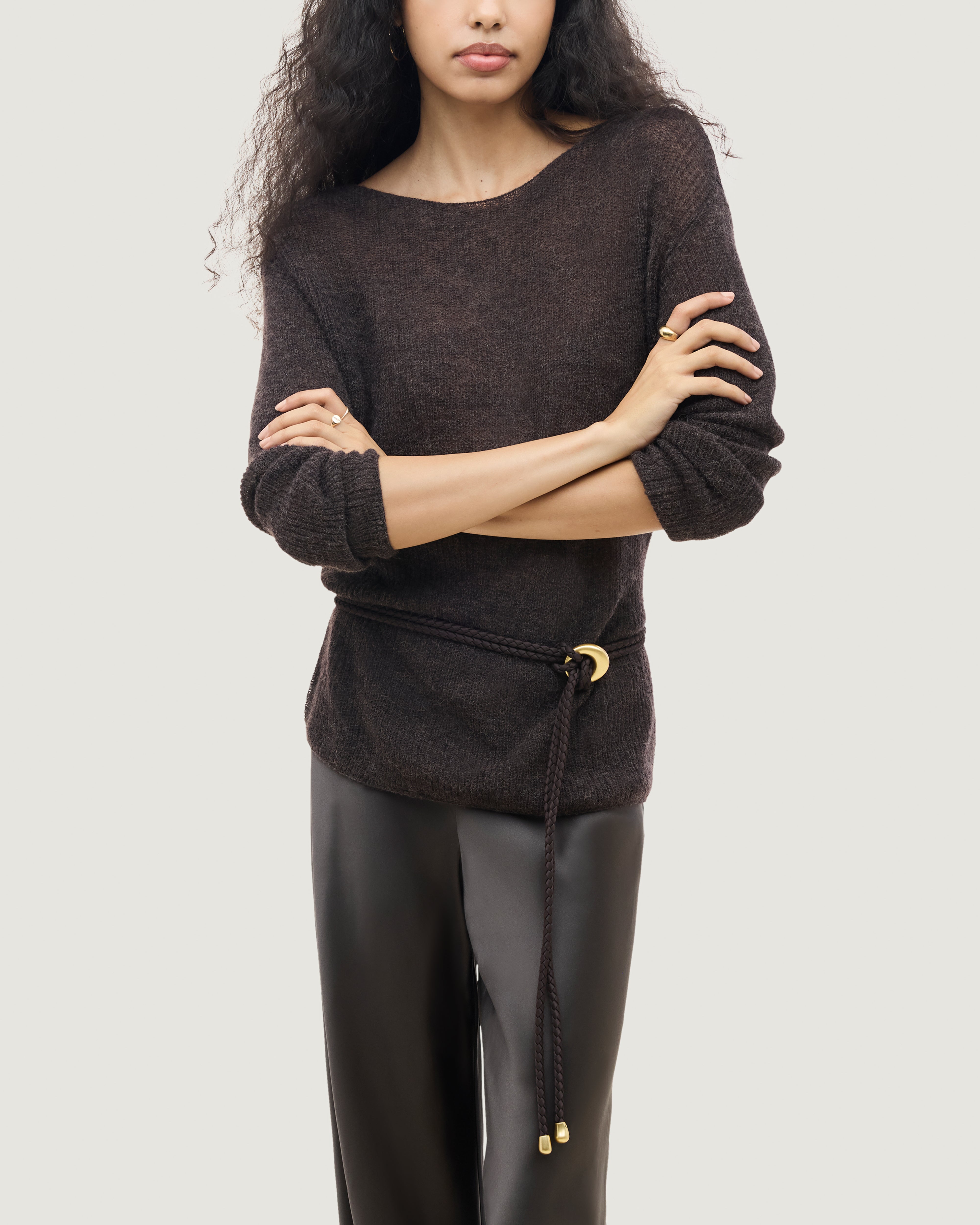 Salta Belt in Chocolate shown on model.