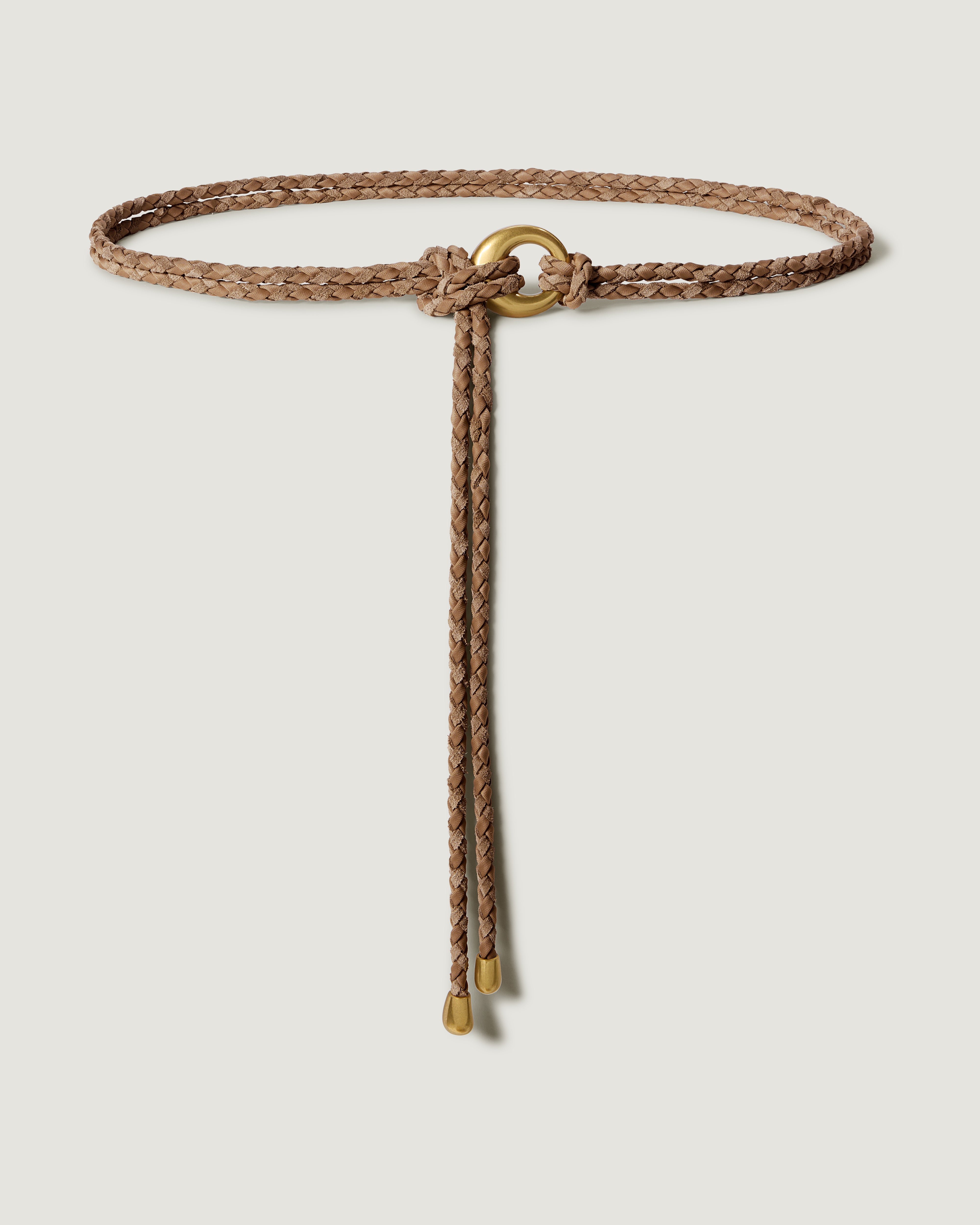 A light brown handwoven neoprene and suede braided rope belt with a gold metal ring closure and matching gold-toned tips.