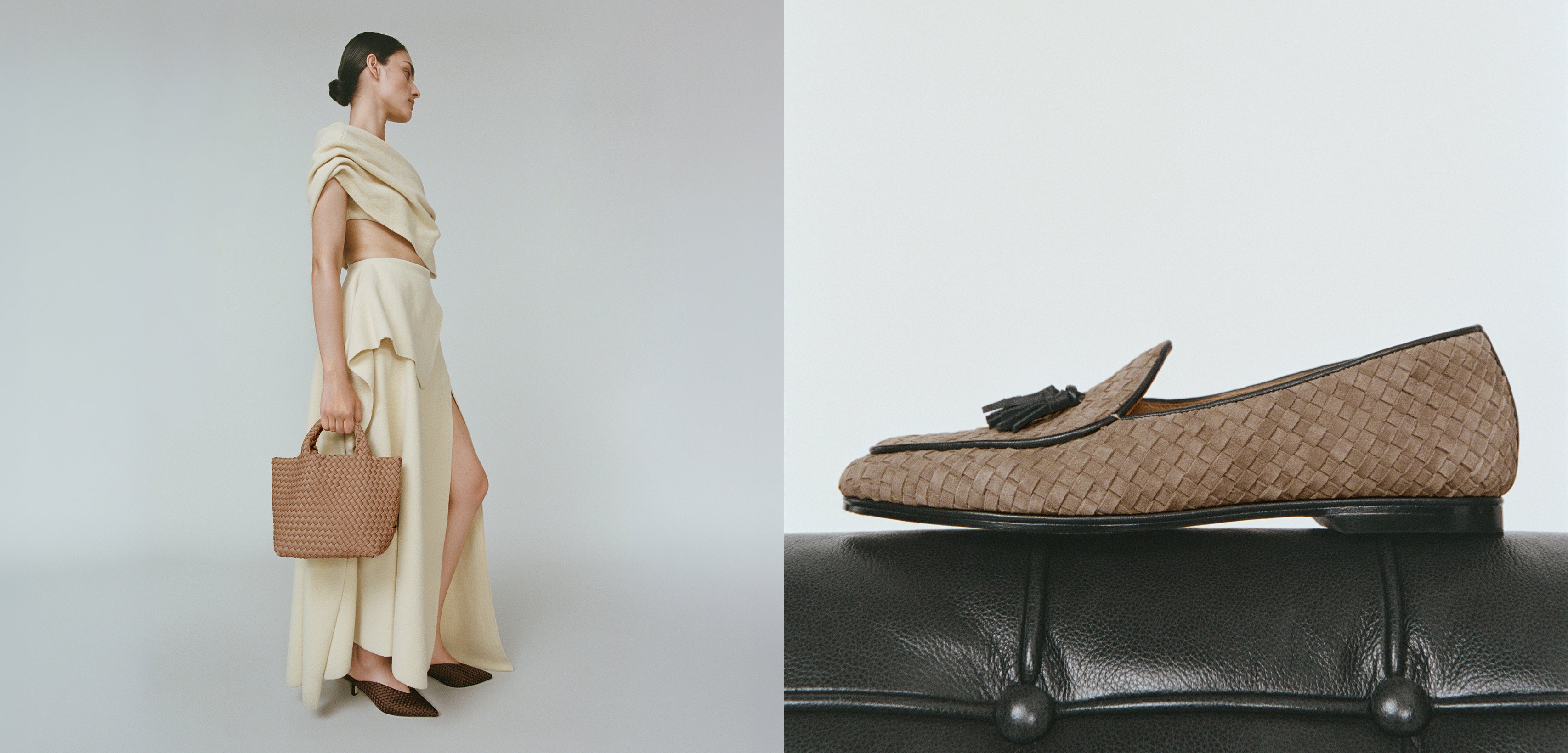 A spit screen image of a model wearing chocolate brown satin handwoven kitten heels on the left and a close up of the suede handwoven Lucca Belgian Loafer