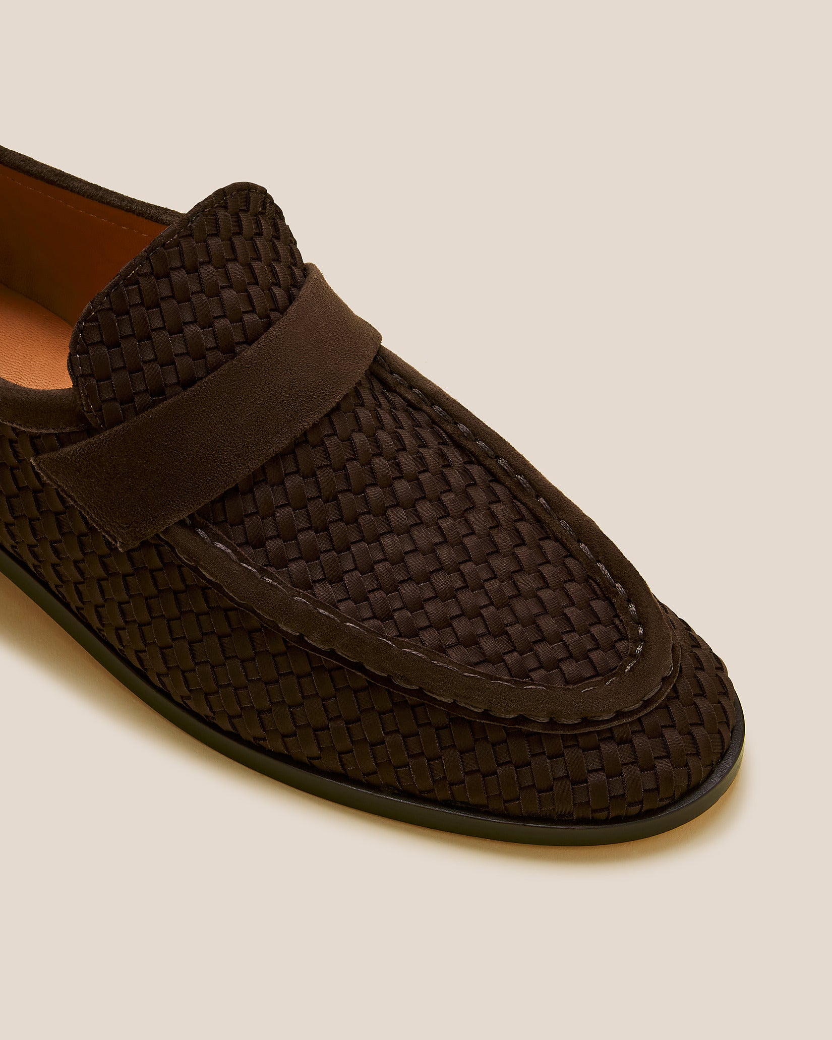 Close-up of Sonoma Loafers in Chocolate showing its closed toe and round silhouette.